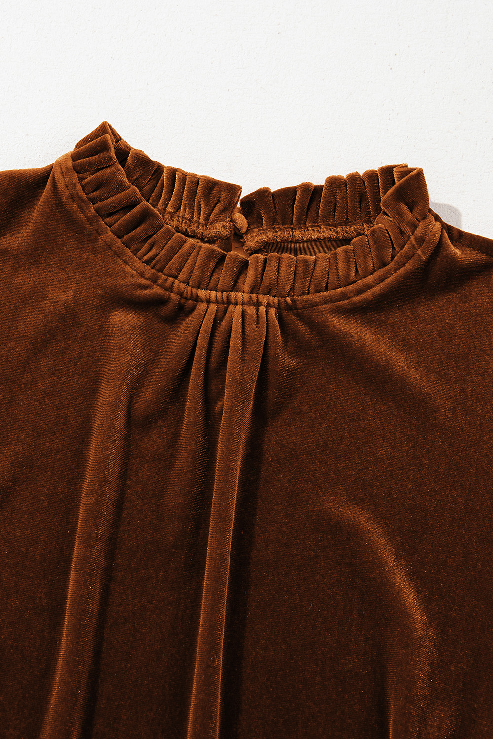 Chestnut Frilled Collar Puff Sleeve Velvet Top - loveforevers