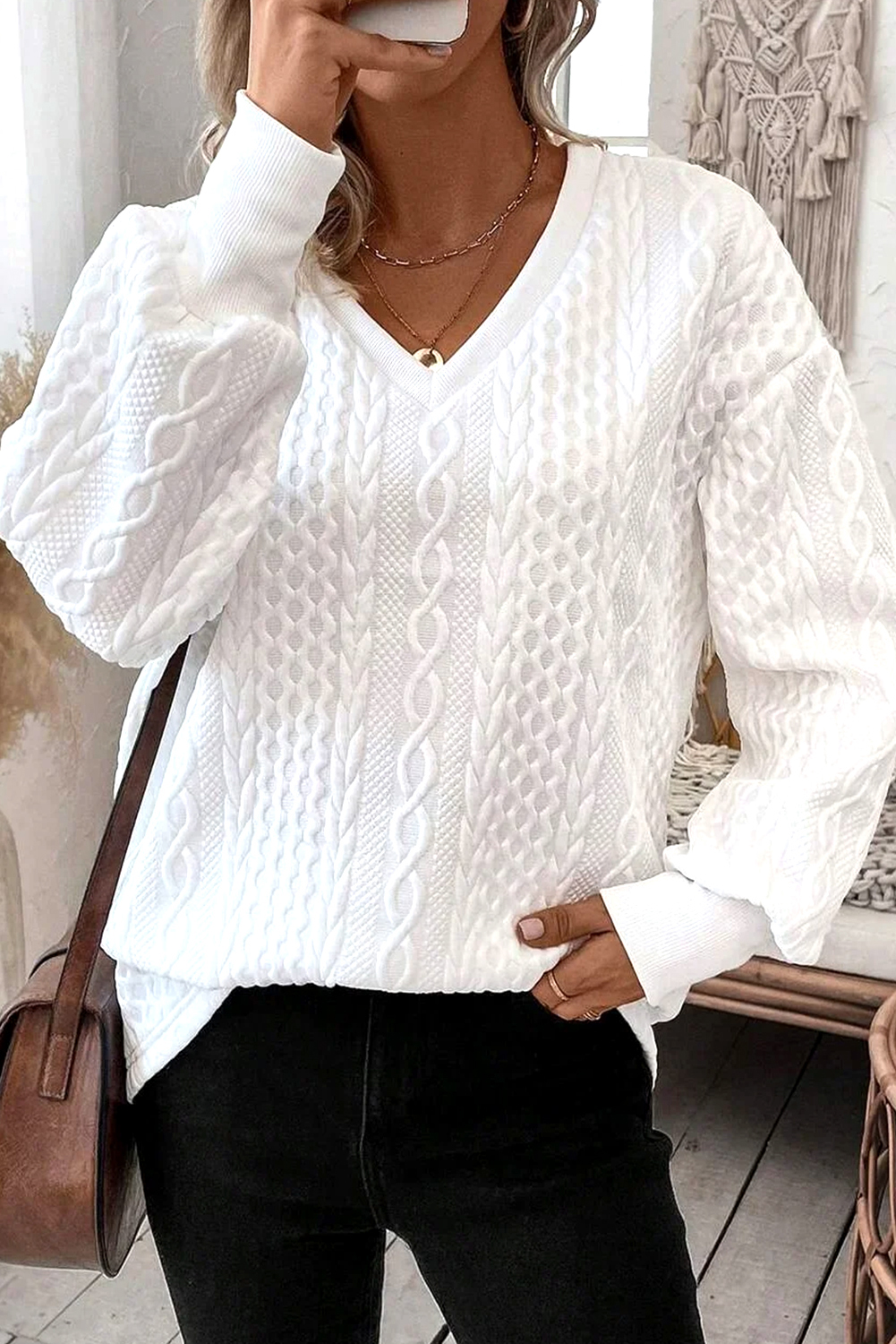 White Solid Color Textured V Neck Drop Shoulder Knit Top - loveforevers