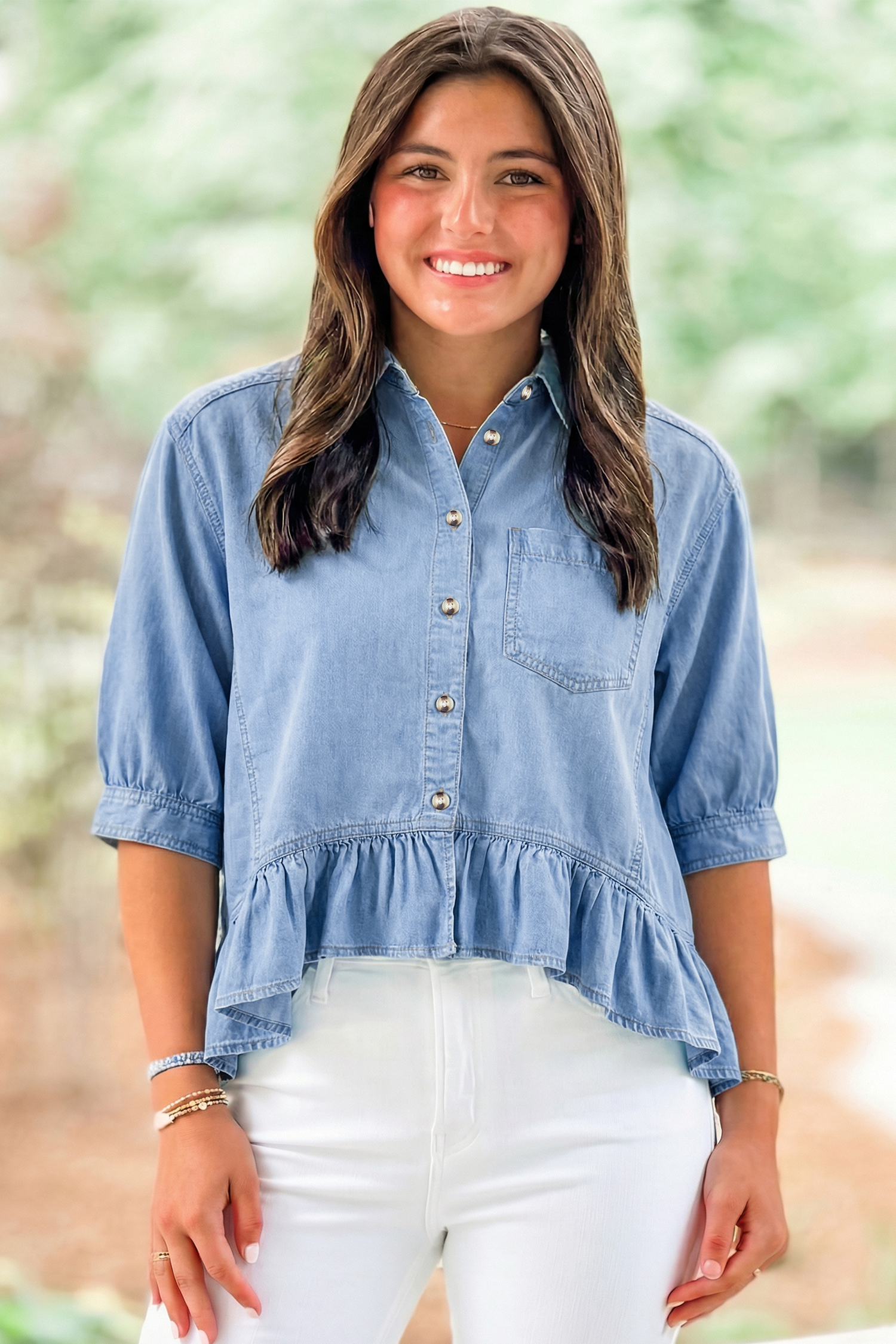 Beau Blue Half Sleeve Button Down Ruffled High Low Chambray Shirt - loveforevers