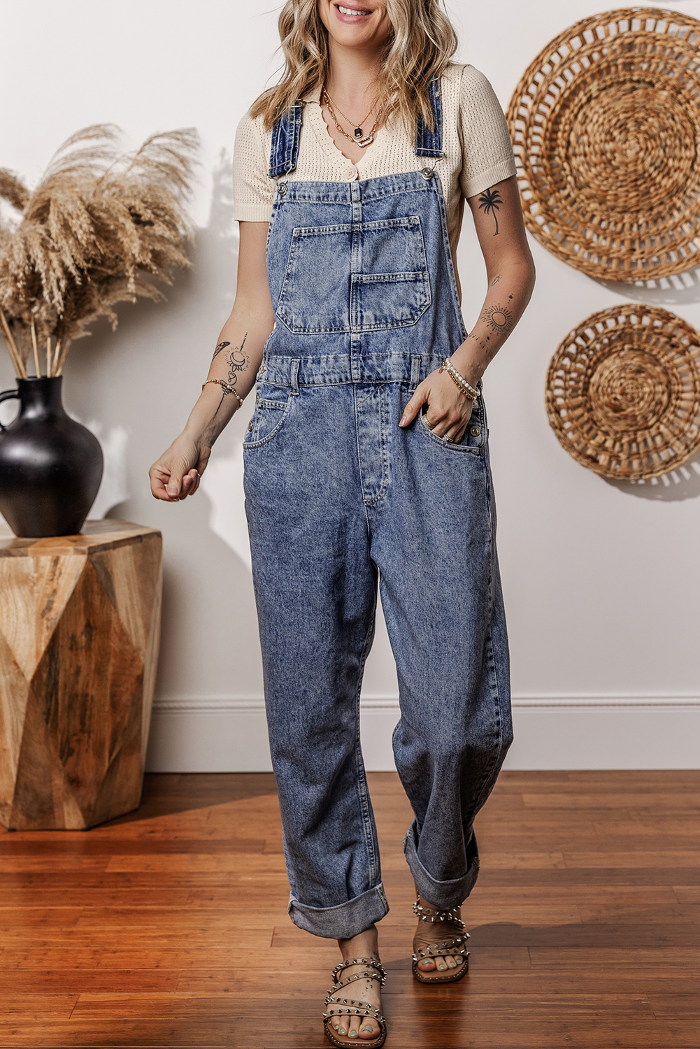 Sail Blue Denim Bib Straight Leg Jumpsuit with Pockets - loveforevers