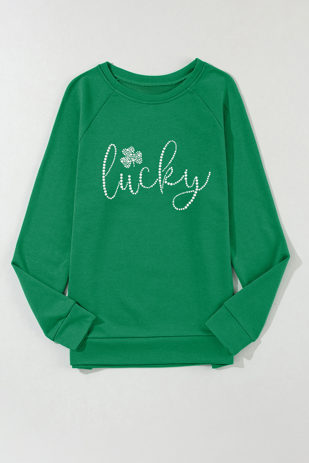Green Rhinestone lucky Clover Graphic St Patrick Pullover Sweatshirt - loveforevers