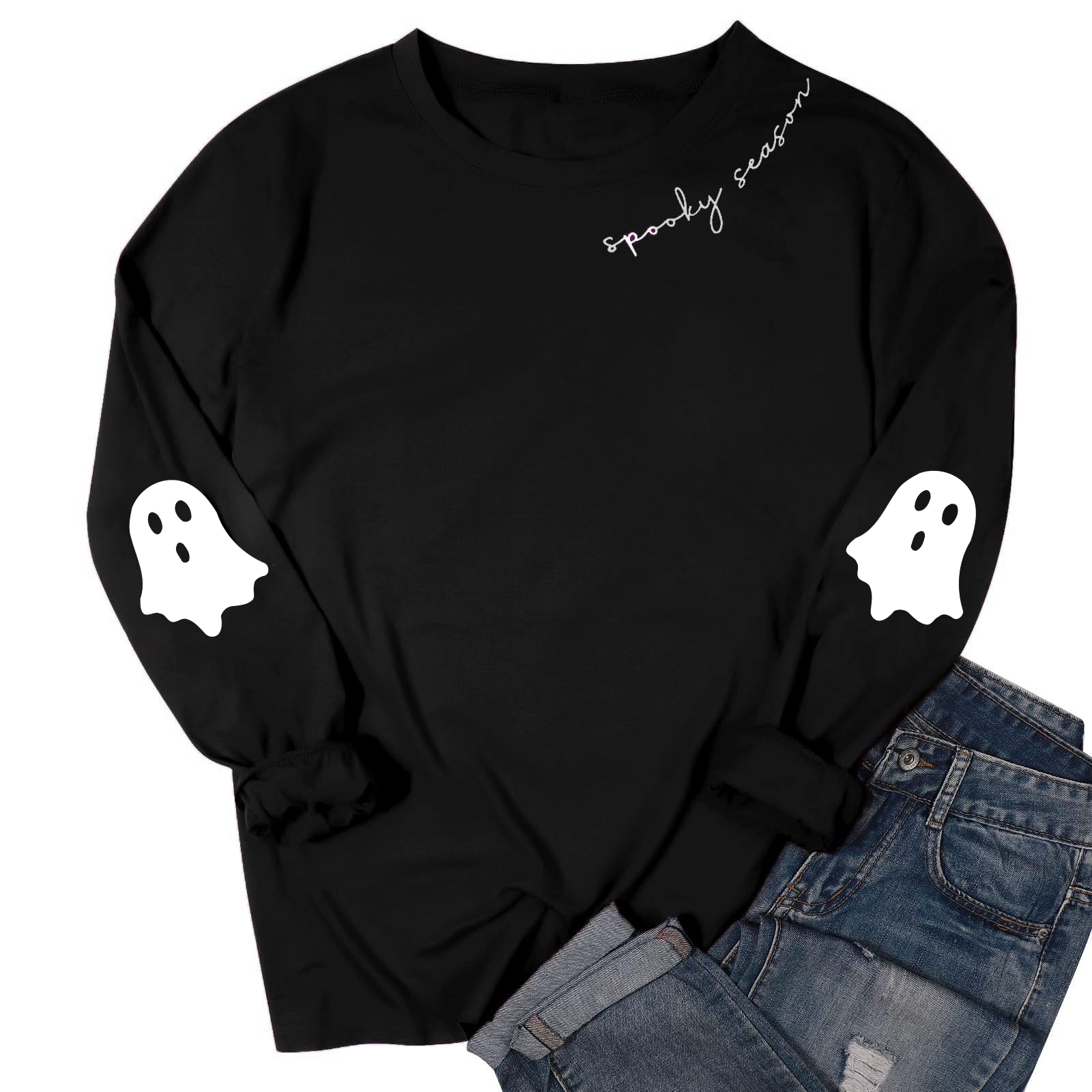 Black Spooky Season Halloween Ghost Printed Drop Shoulder Sweatshirt - loveforevers