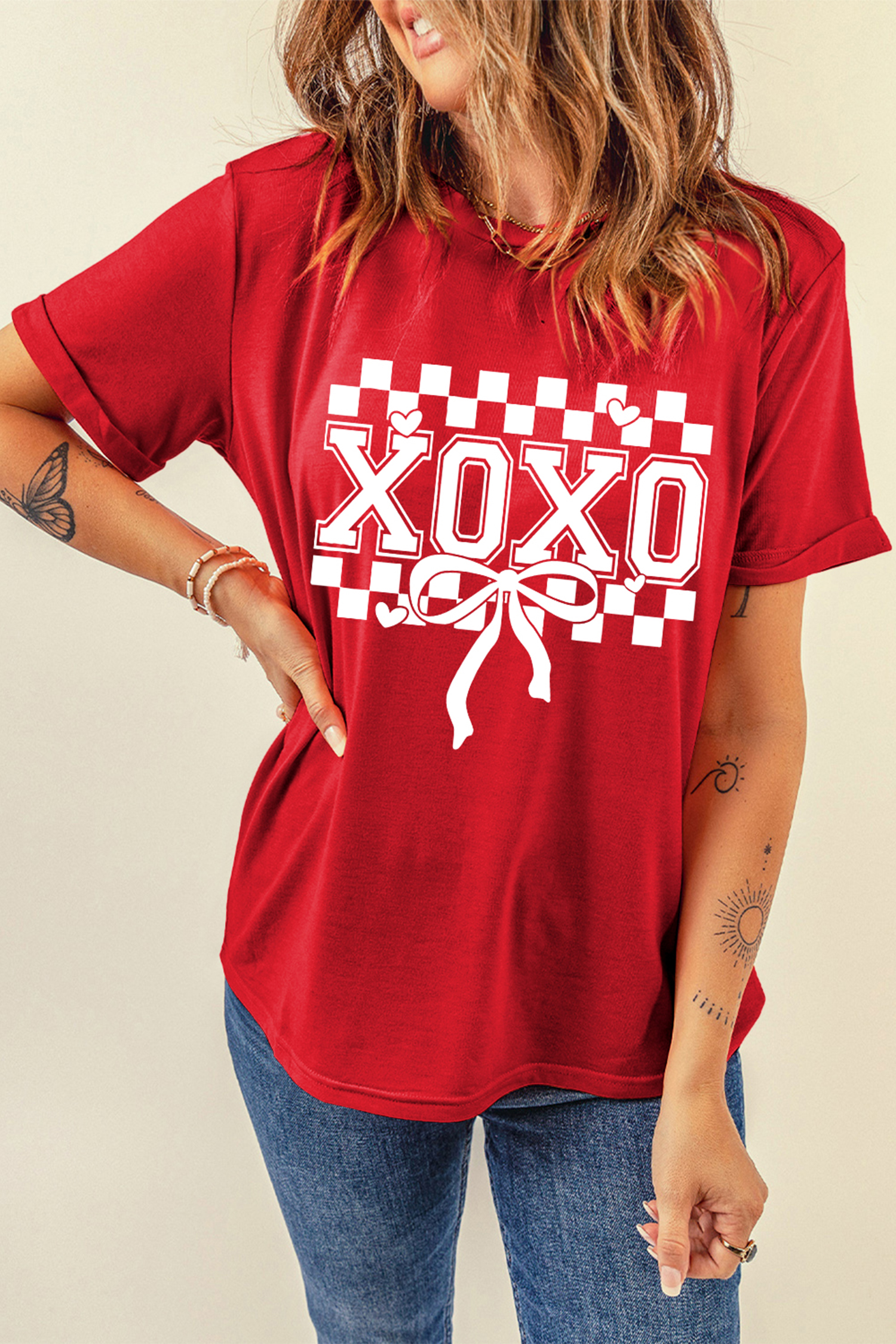 Red XOXO Checkered Ribbon Bow Print Valentines Day T Shirt - loveforevers