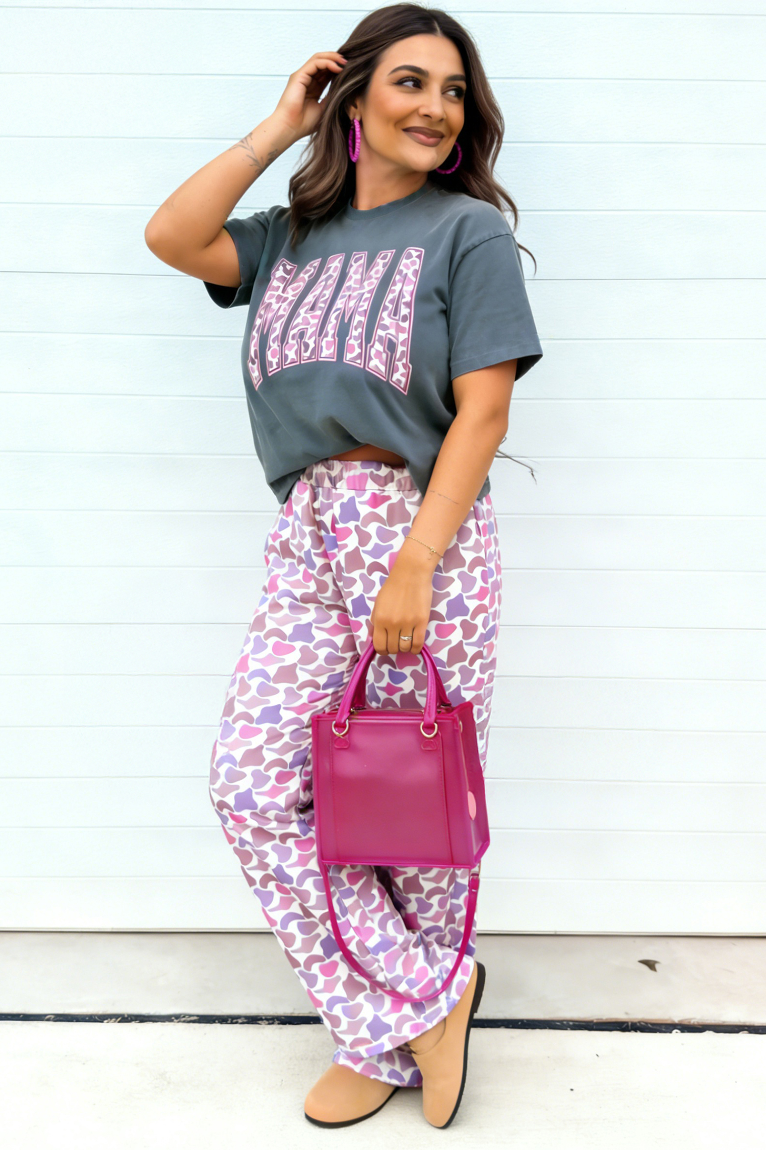 Medium Grey MAMA Letter Graphic Tee Camouflage Print Loose Pant Set - loveforevers