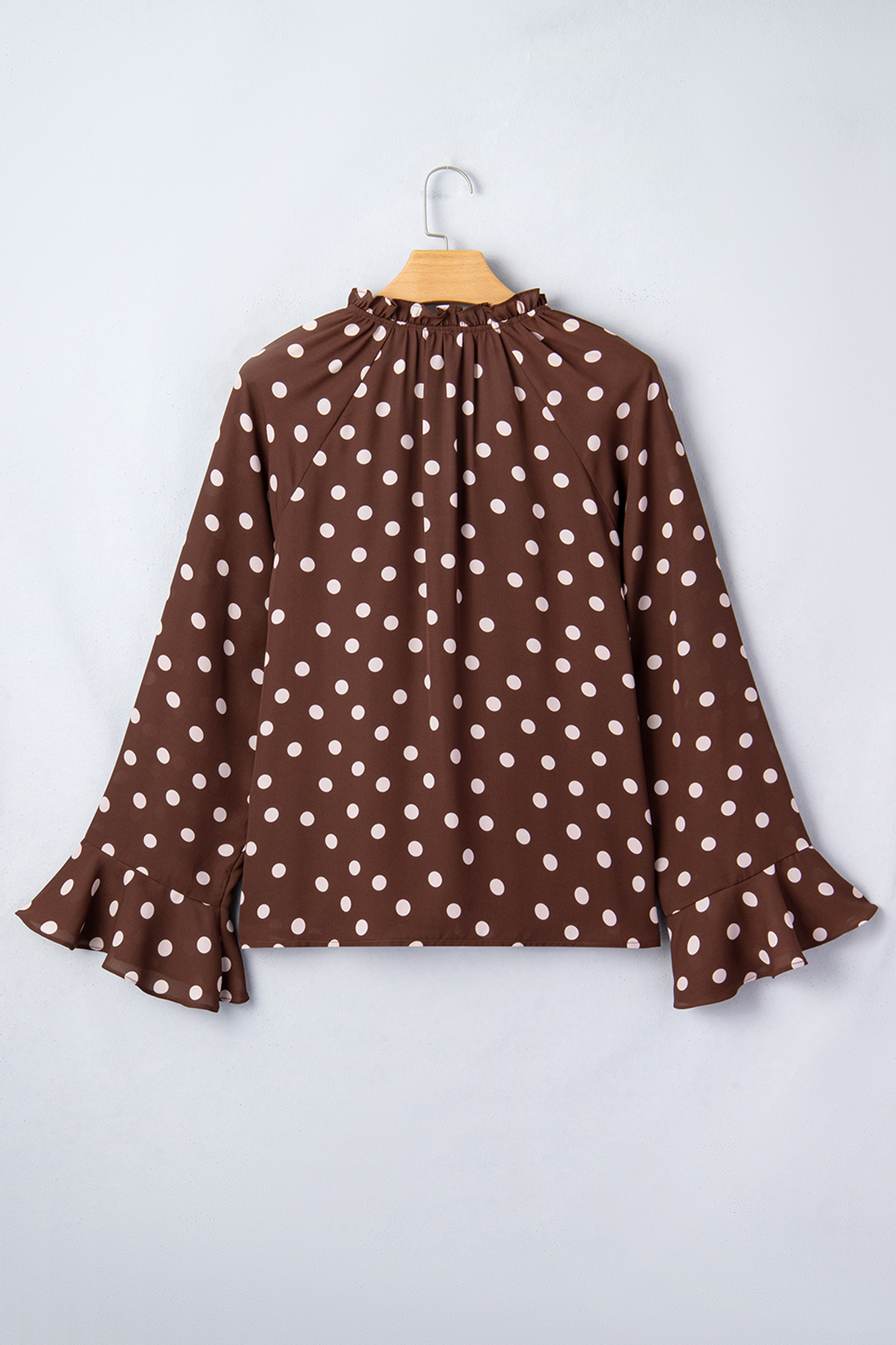 Coffee Polka Dot Print Ruffle Trim V Neck Long Bell Sleeve Blouse - loveforevers