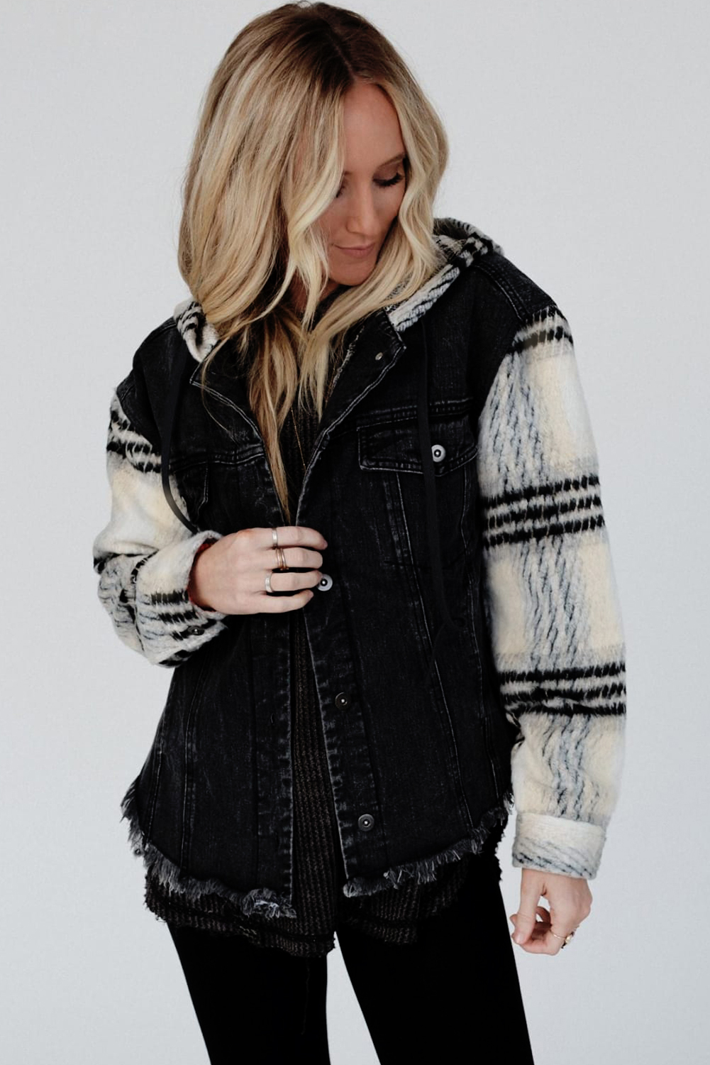 Black Plaid Sleeve Frayed Hem Hooded Denim Jacket - loveforevers