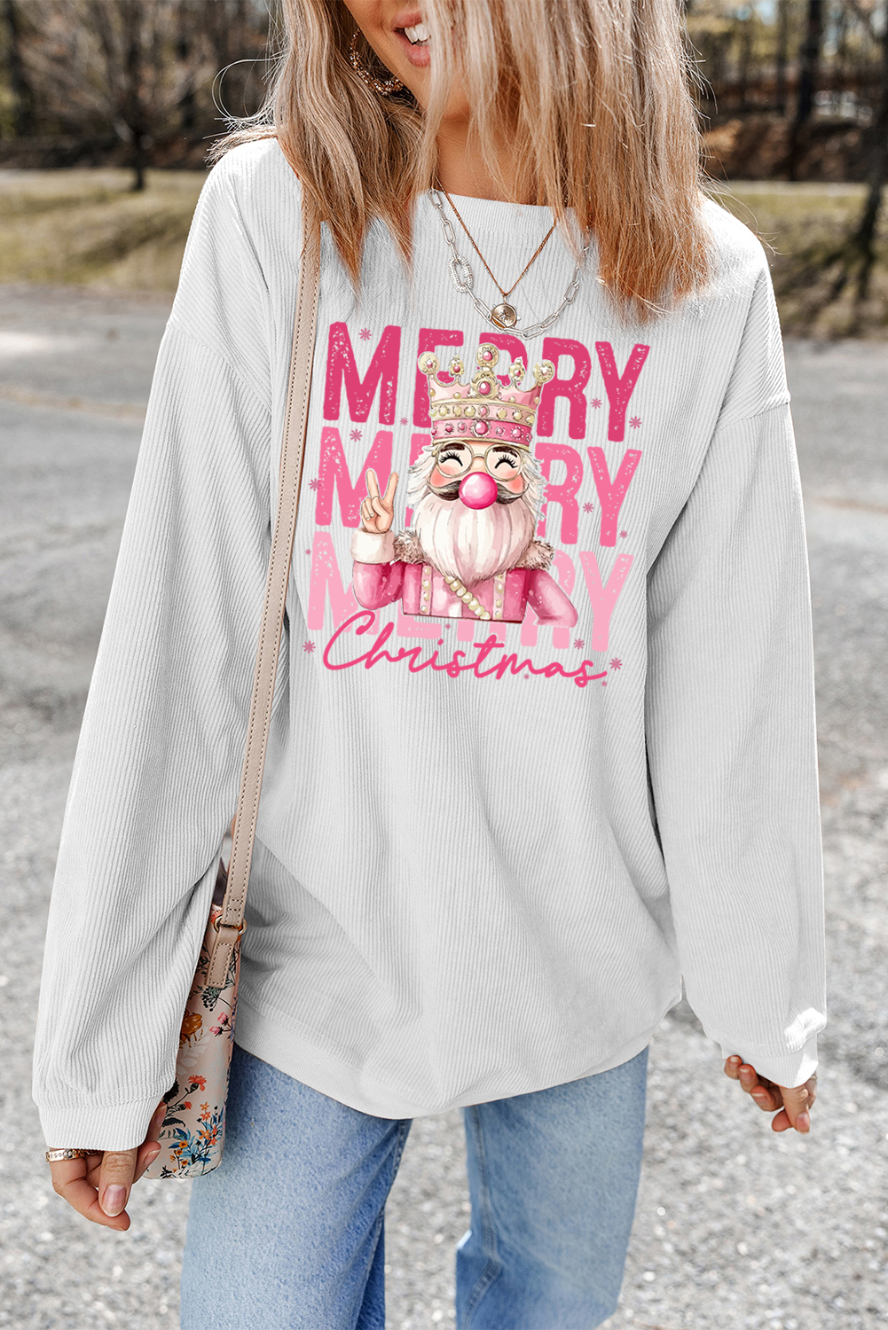 White Twisted Ribbed Merry Christmas Nutcracker King Printed Sweatshirt - loveforevers