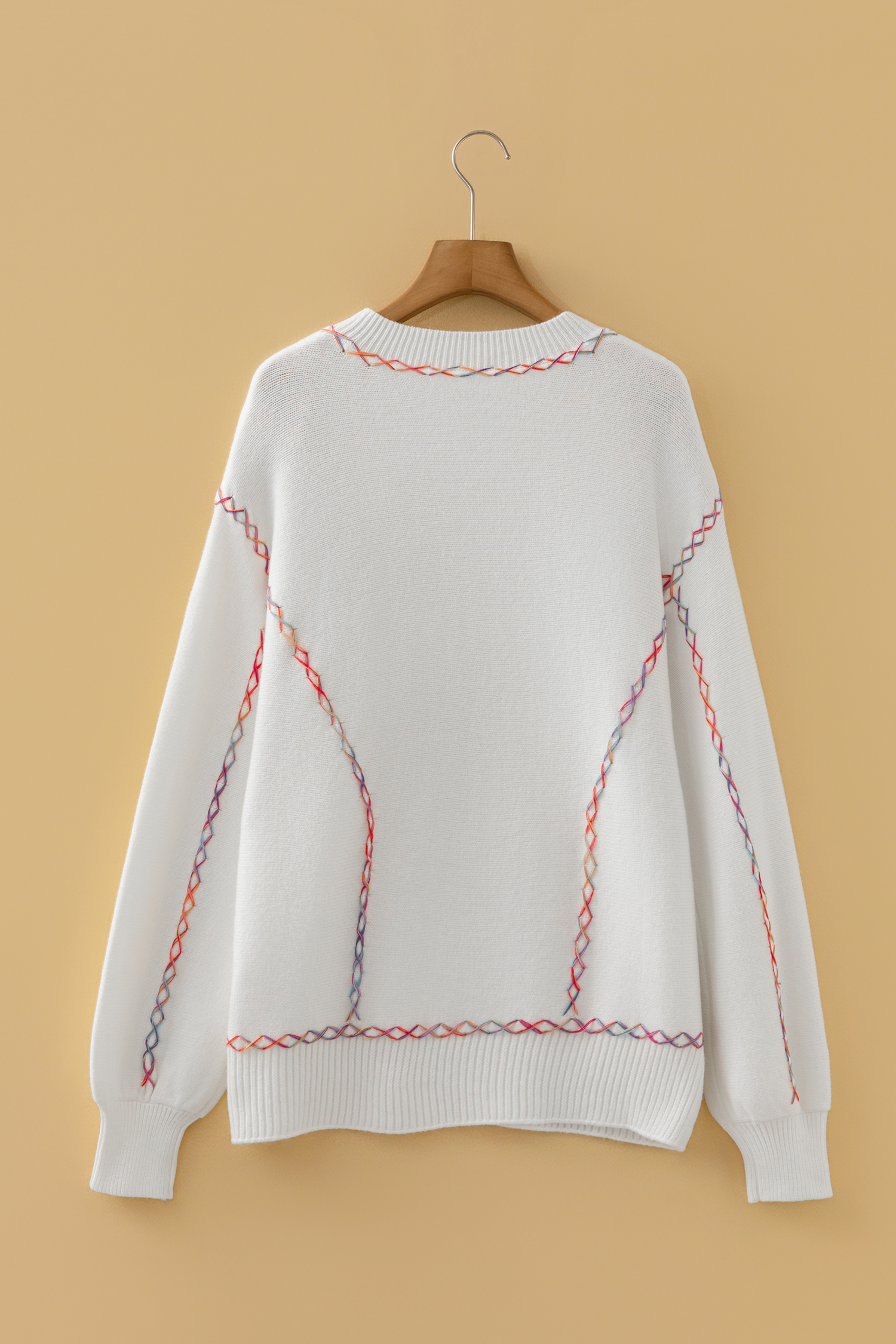 White Rainbow Stitching Balloon Sleeve Relaxed Sweater - loveforevers