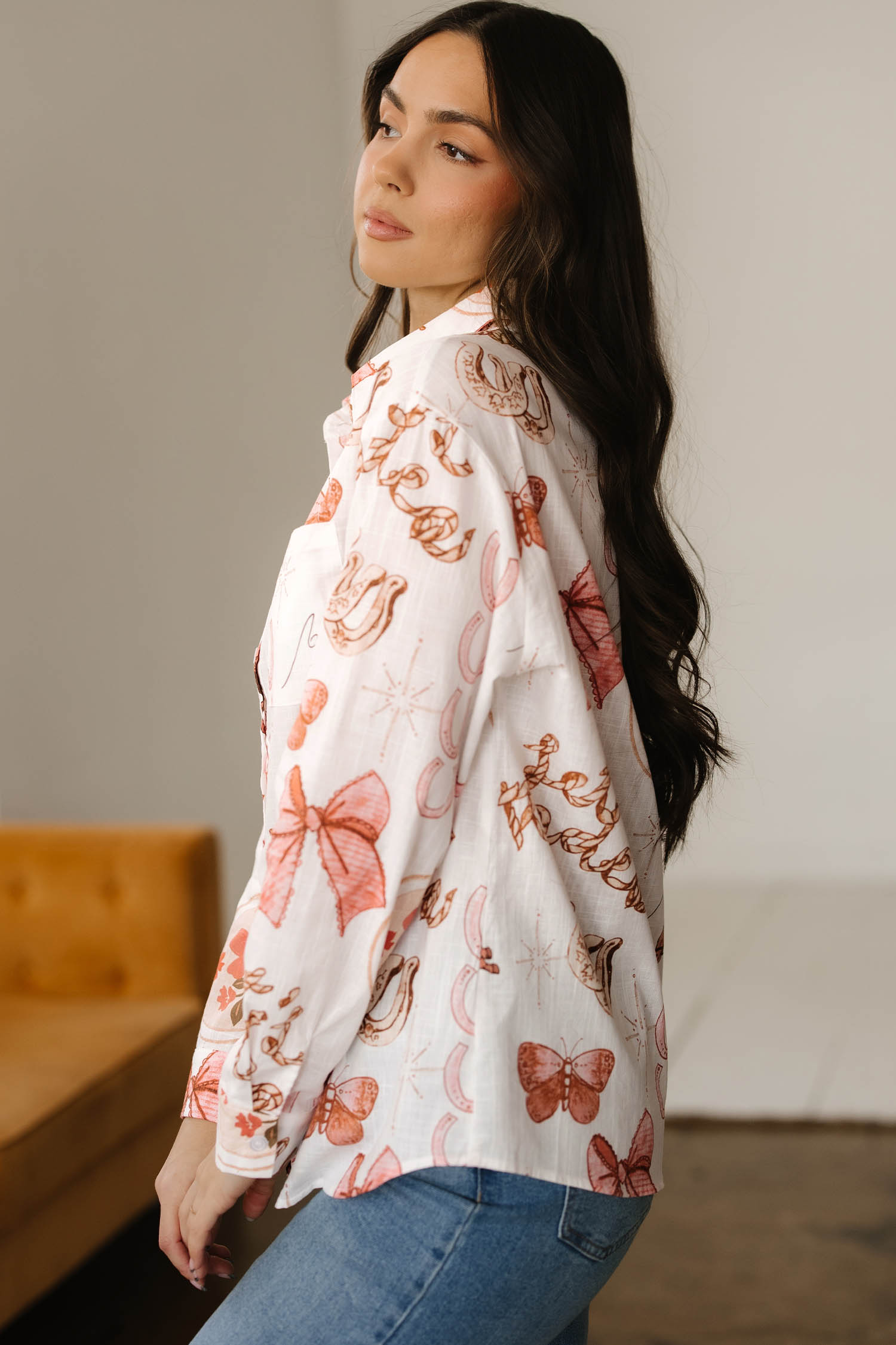 White Rodeo Cowgirl Print Western Button up Shirt - loveforevers