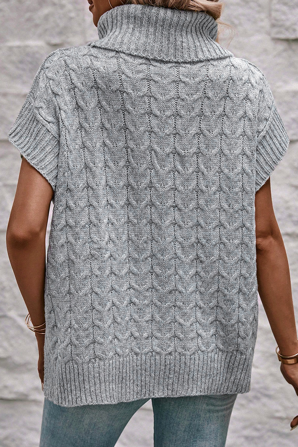 Medium Grey Cable Knit Turtleneck Batwing Sleeve Sweater - loveforevers
