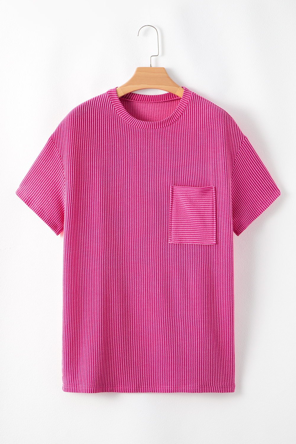 Pink Corded Knit Pocketed Loose Fit T Shirt - loveforevers