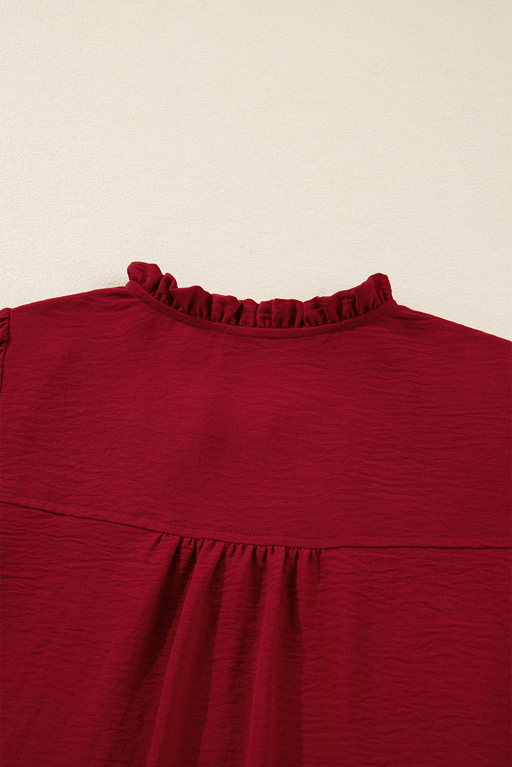 Burgundy Notched Neck Shirred Cuff Long Sleeve Blouse - loveforevers