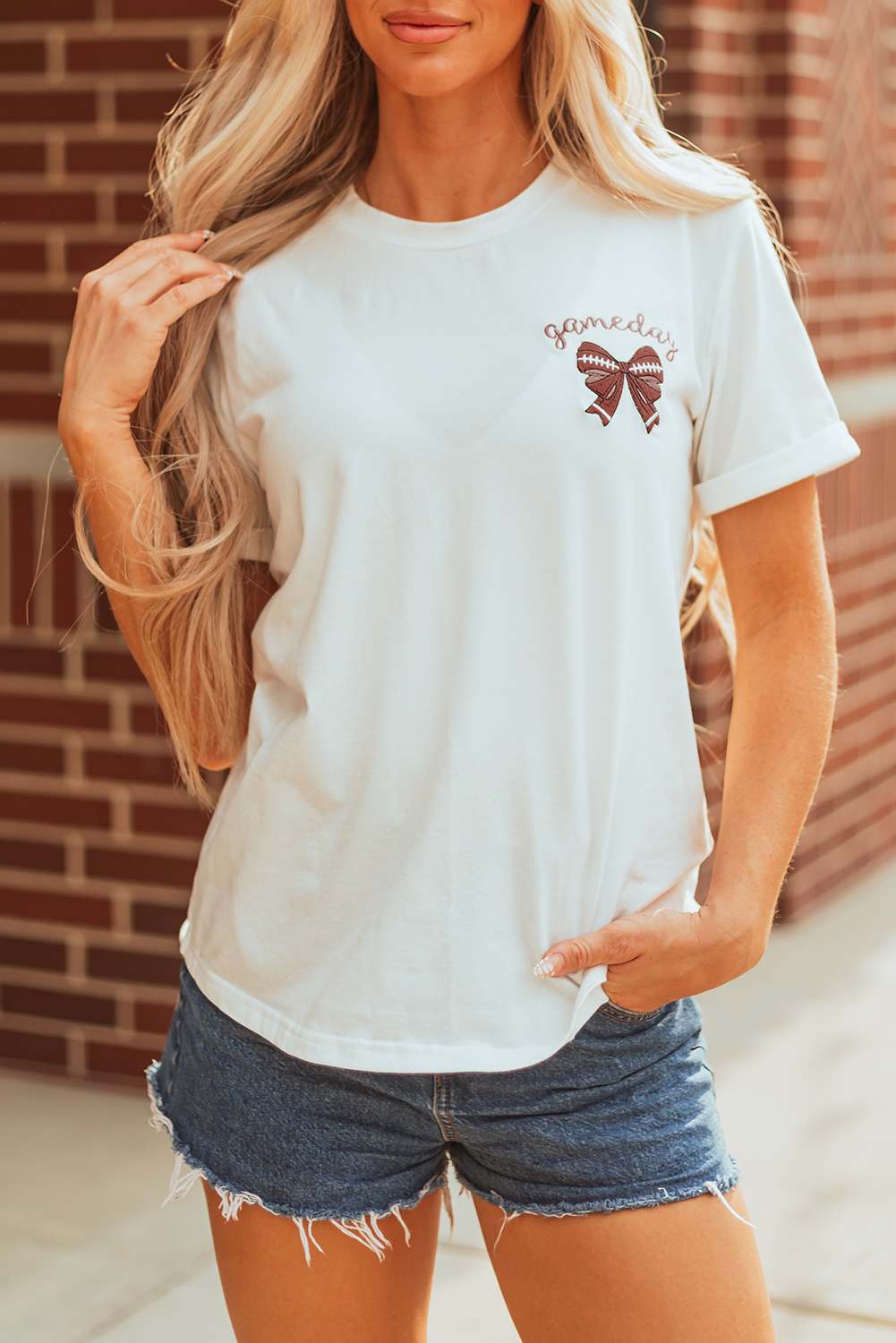 White Game Day Bowknot Embroidered Graphic Casual Tee - loveforevers
