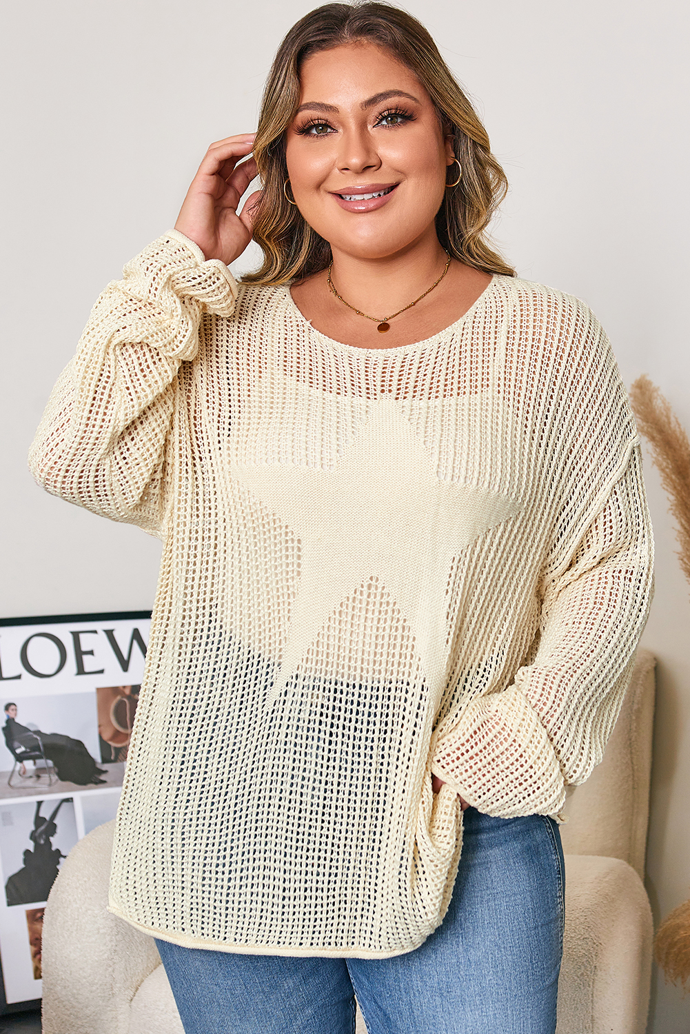 Parchment Hollow Out Knit Star Pattern Accent Plus Size Jumper - loveforevers