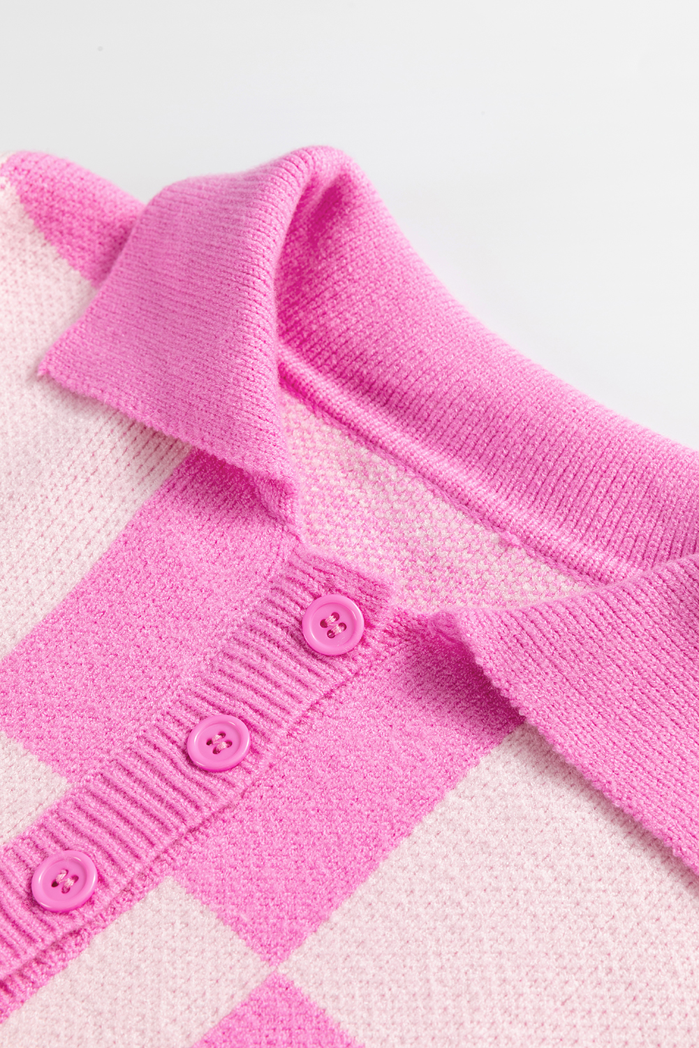 Pink Checkerboard Half Button Collared Drop Shoulder Sweater - loveforevers