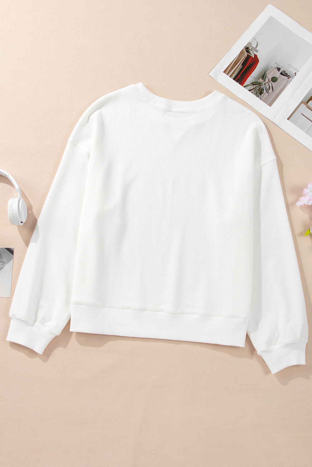 White Bowknot Pattern Corded Long Sleeve Drop Shoulder Top - loveforevers