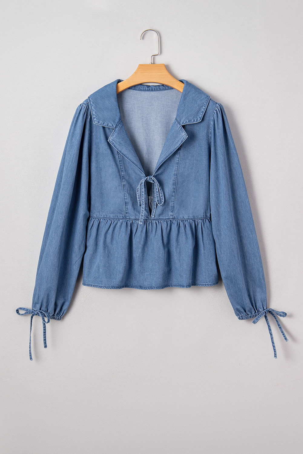 Dusk Blue Denim Lapel Neck Balloon Sleeve Tied Peplum Top - loveforevers