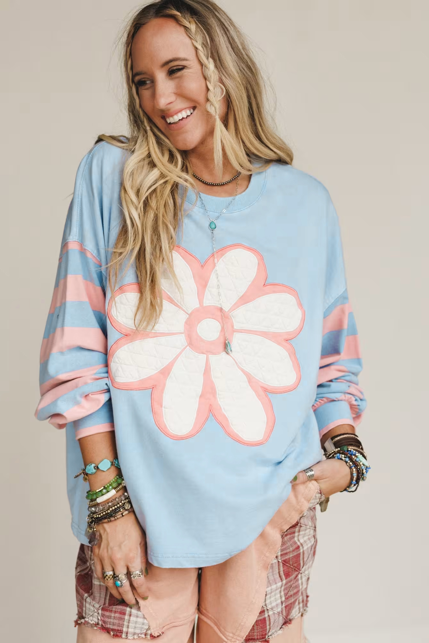 Beau Blue Big Flower Patch Drop Shoulder Striped Long Sleeve Top - loveforevers