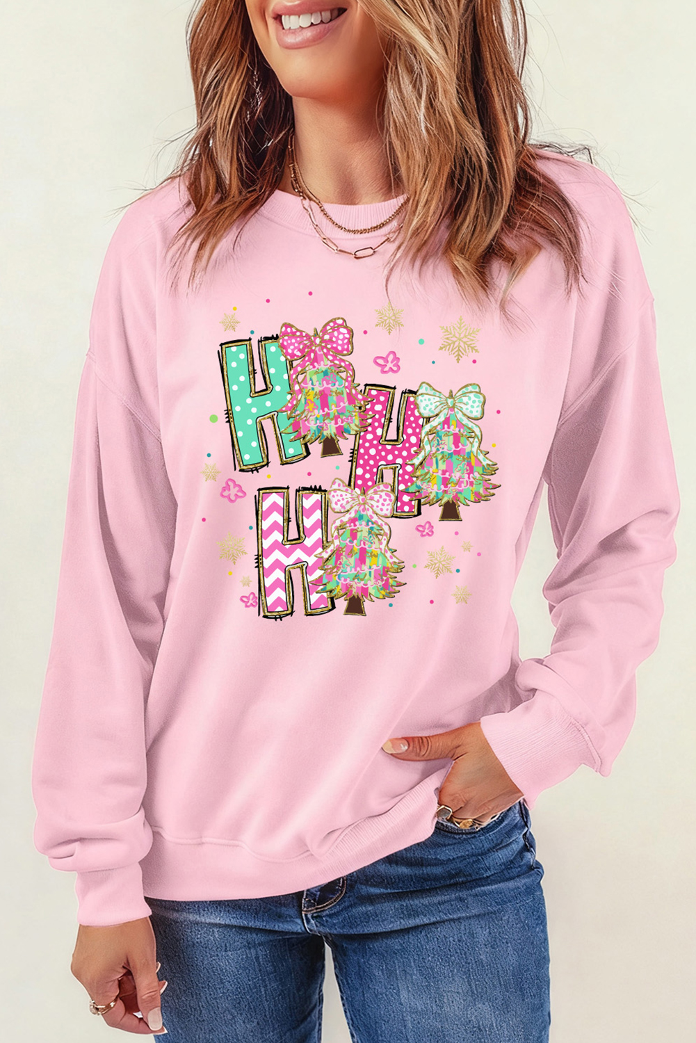 Pink HO HO HO Christmas Tree Graphic Pullover Sweatshirt - loveforevers