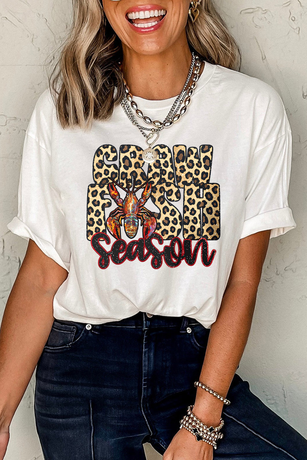 White Crawfish Season Leopard Letter Graphic Tee - loveforevers