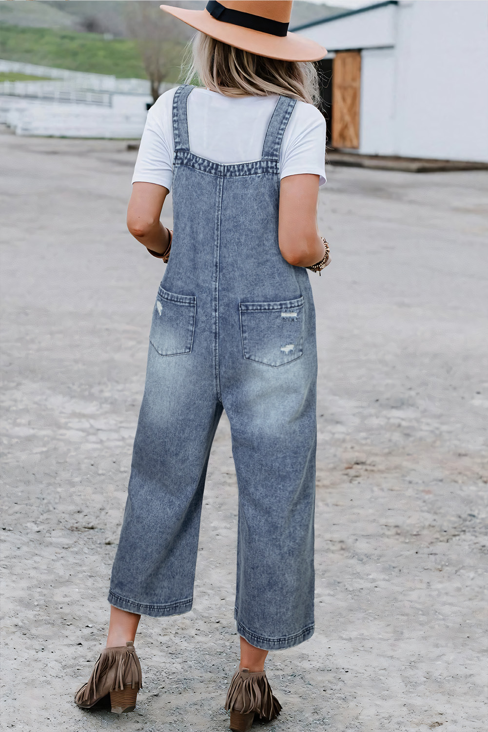 Stone Blue Distressed Bib Pocket Wide Leg Denim Overall - loveforevers
