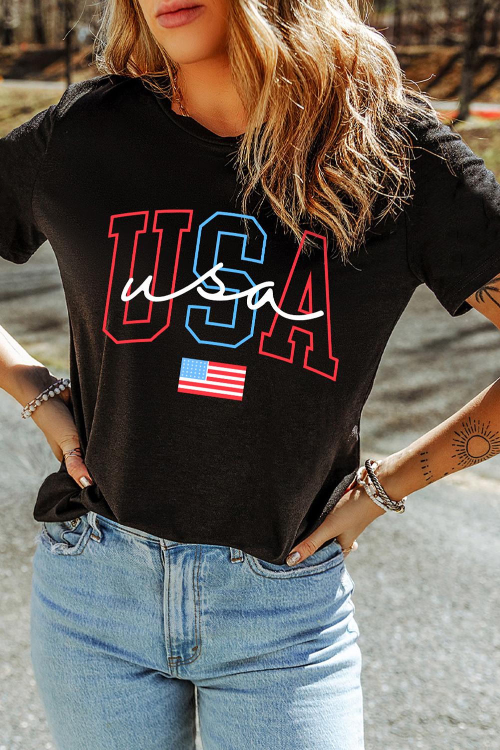 Black USA Letter American Flag Print Casual T Shirt - loveforevers