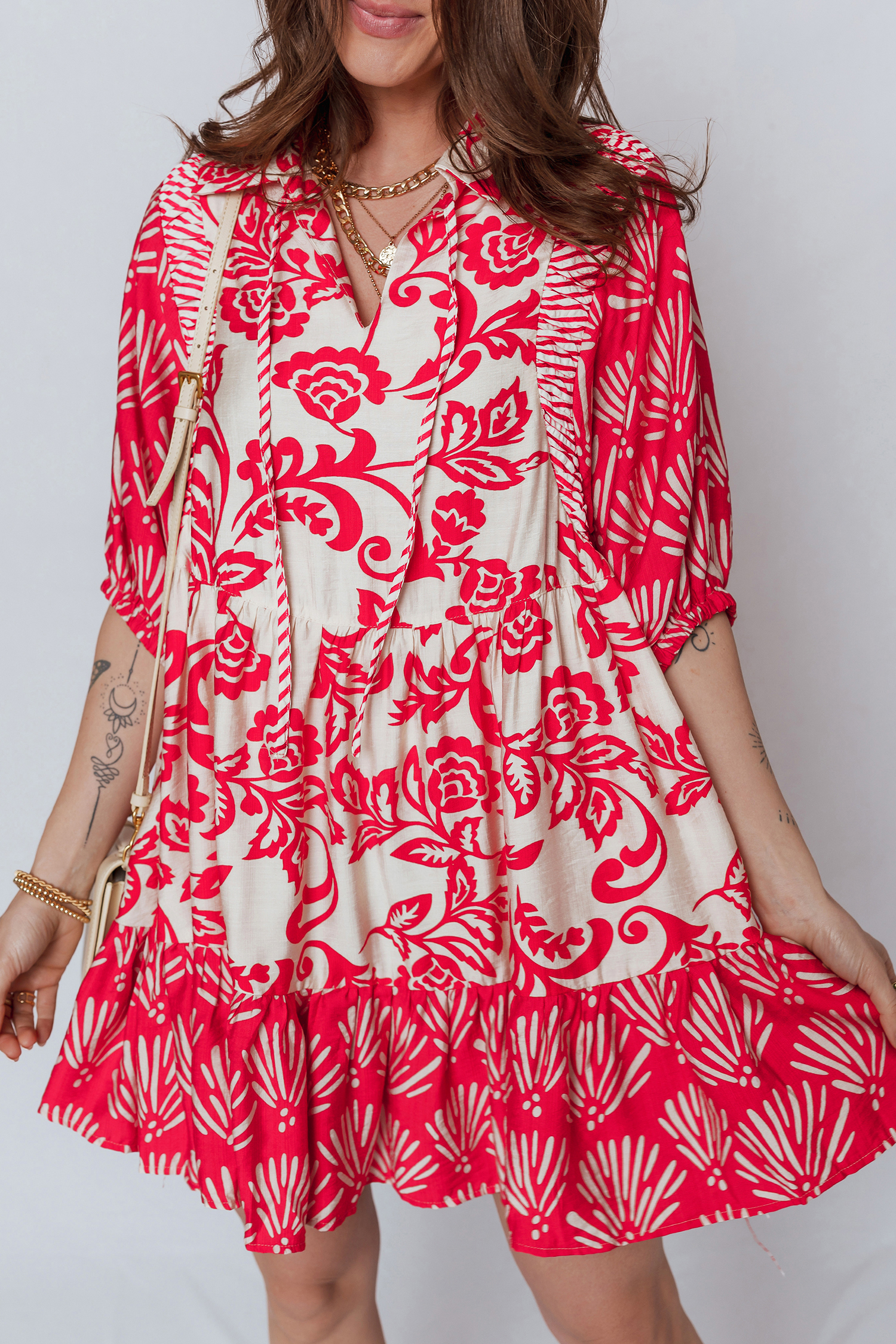 Red Collared V Neck Half Sleeve Loose Flower Mini Dress - loveforevers