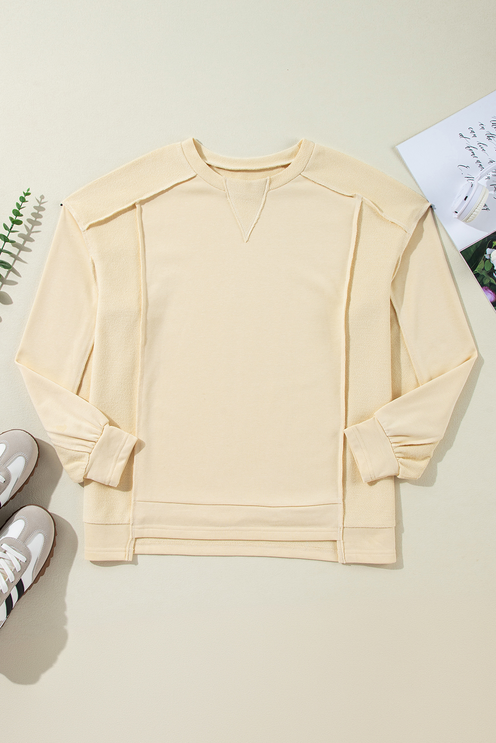 Beige Splicing Round Neck Pullover Sweatshirt - loveforevers