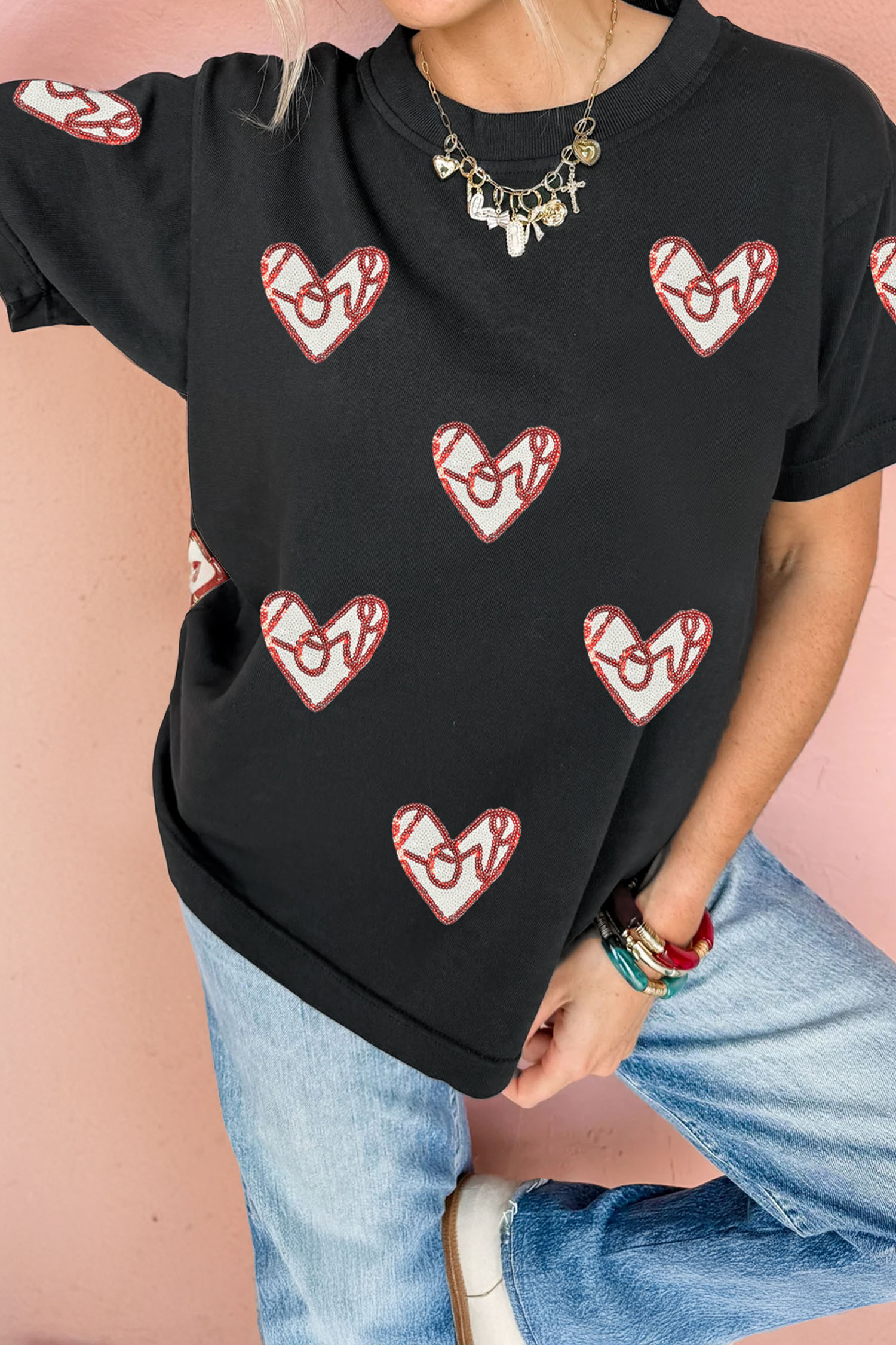 Black Sequin Heart Patched Valentines Day Fashion Graphic Tee - loveforevers