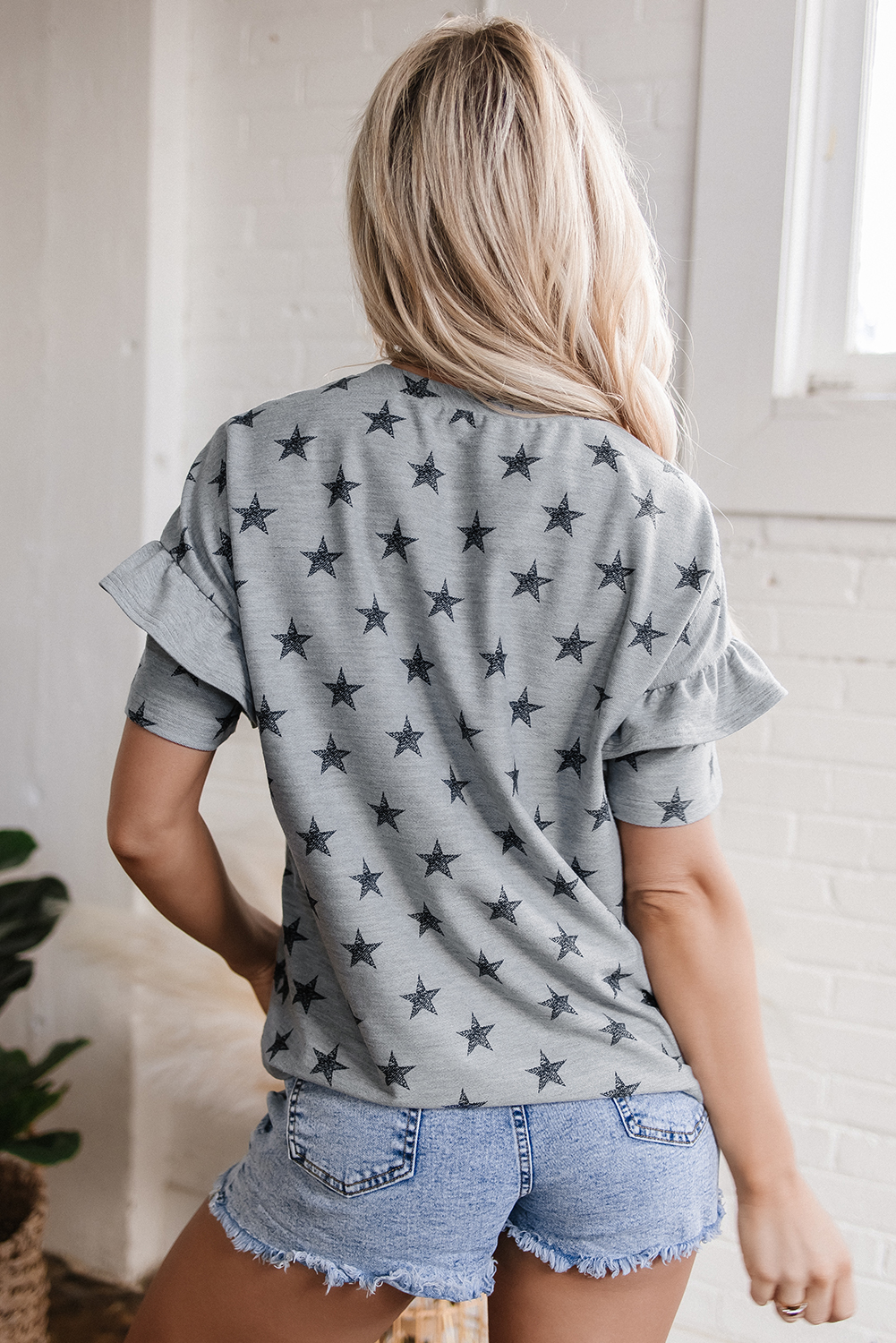 Gray Star Print Tiered Ruffled Sleeve Crew Neck T Shirt - loveforevers