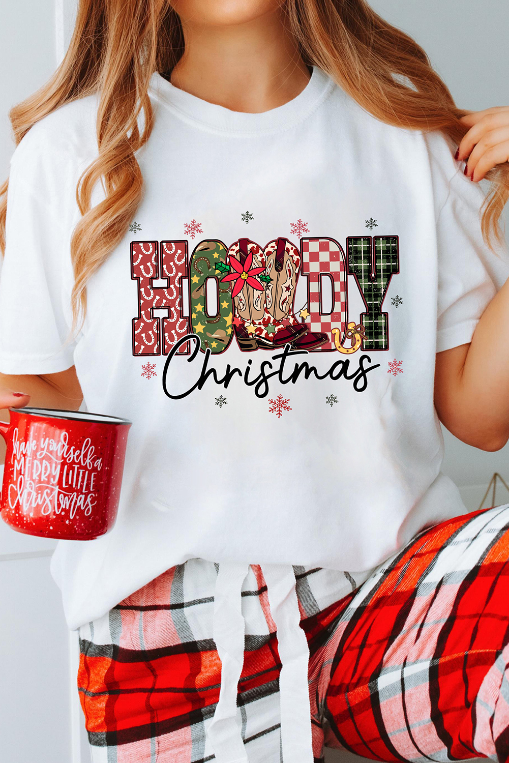 White Western HOWDY Christmas Festive Letter Printed Crew Neck T Shirt - loveforevers