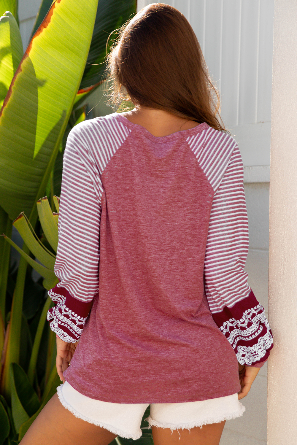 Tillandsia Purple Contrast Print Striped Raglan Long Sleeve Loose Top - loveforevers