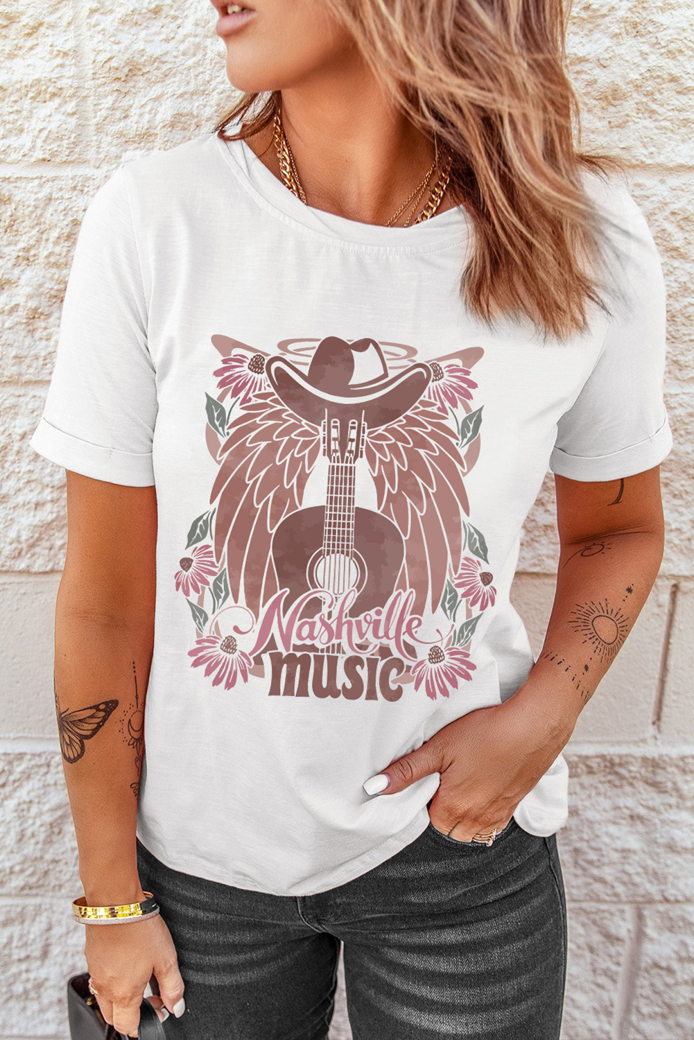 White Nashville Music Cowboy Hat Guitar Graphic Tee - loveforevers