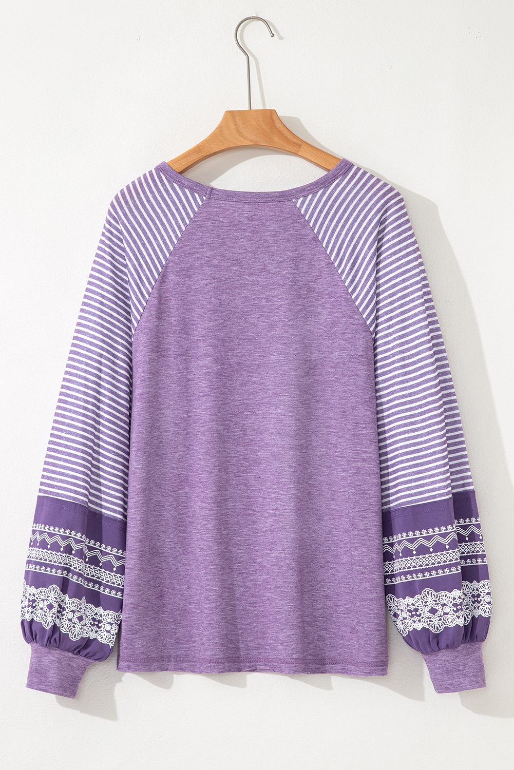 Tillandsia Purple Contrast Print Striped Raglan Long Sleeve Loose Top - loveforevers