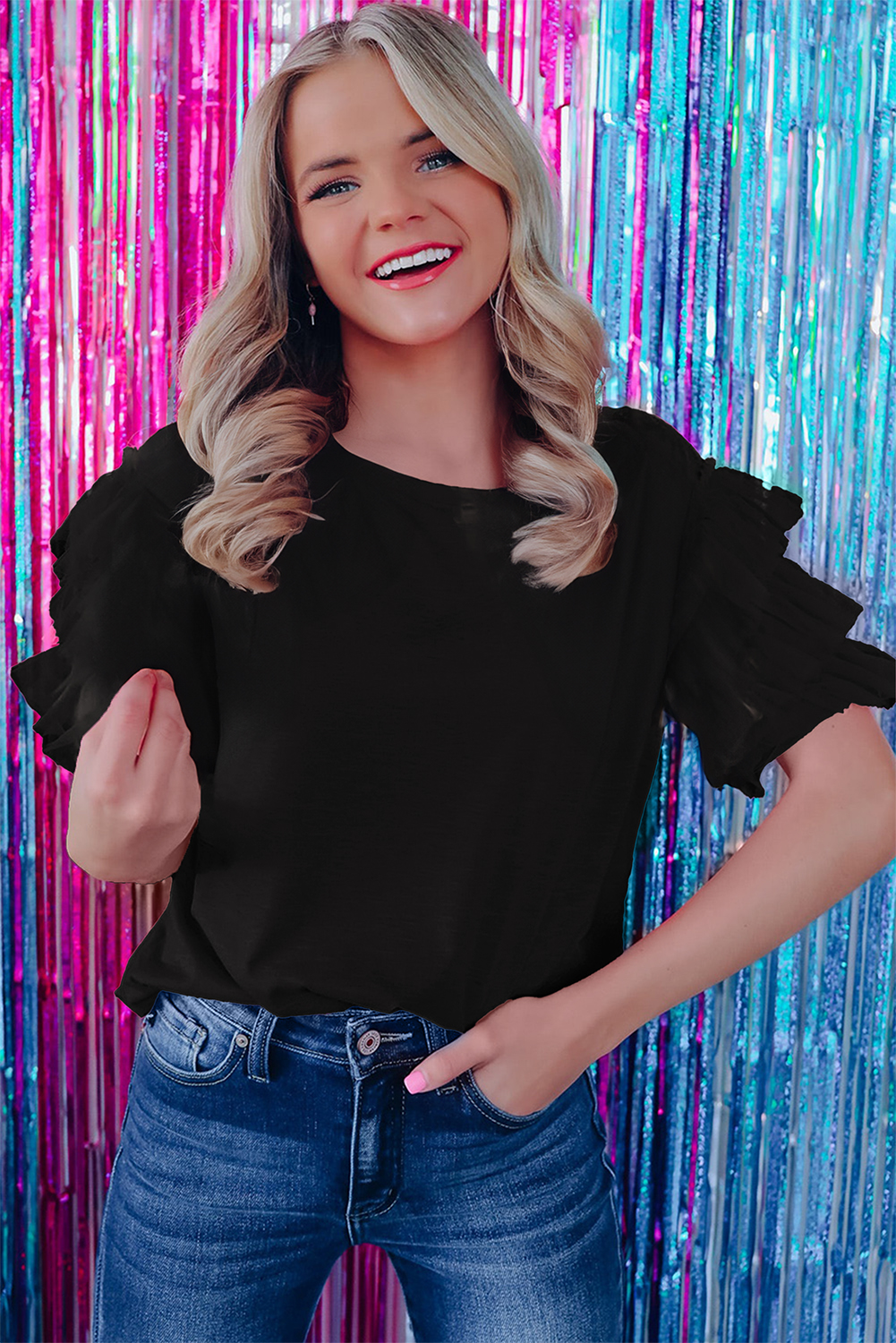 Dark Green Tulle Ruffle Sleeve Blouse - loveforevers