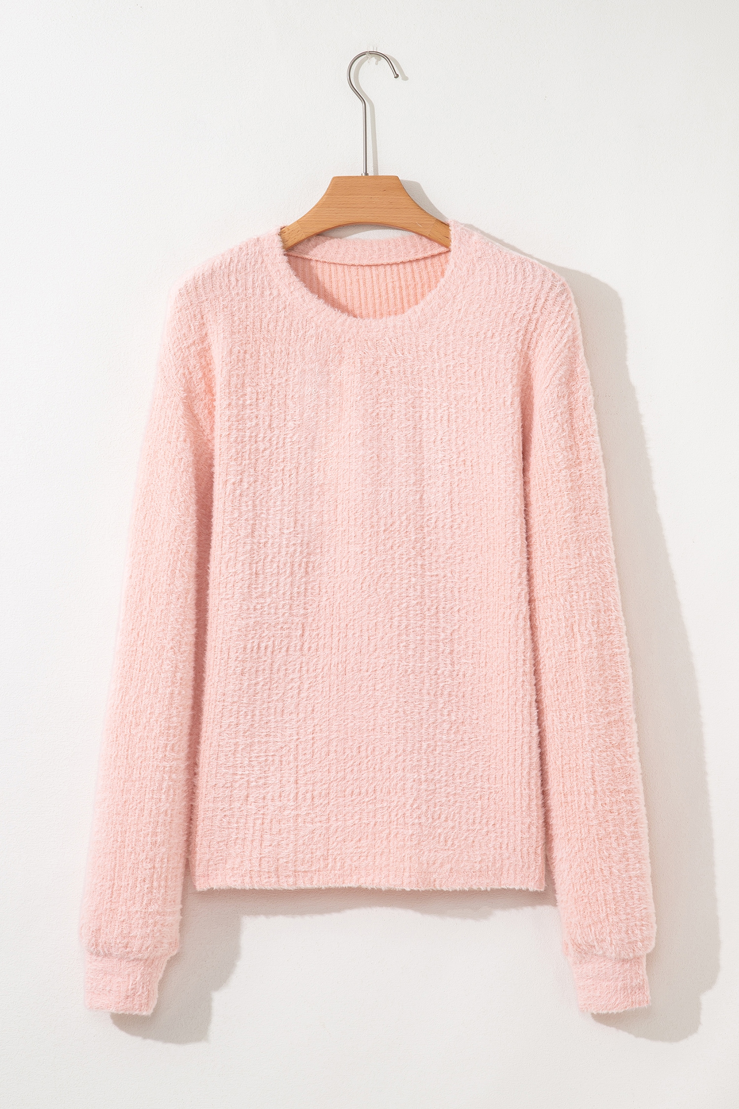 Light Pink Fuzzy Ribbed Texture Round Neck Long Sleeve Top - loveforevers