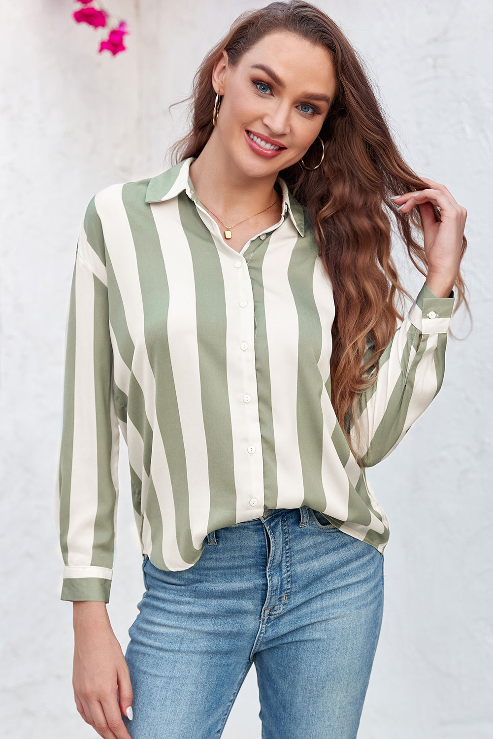 Green Striped Soft Relaxed Button Up Shirt - loveforevers