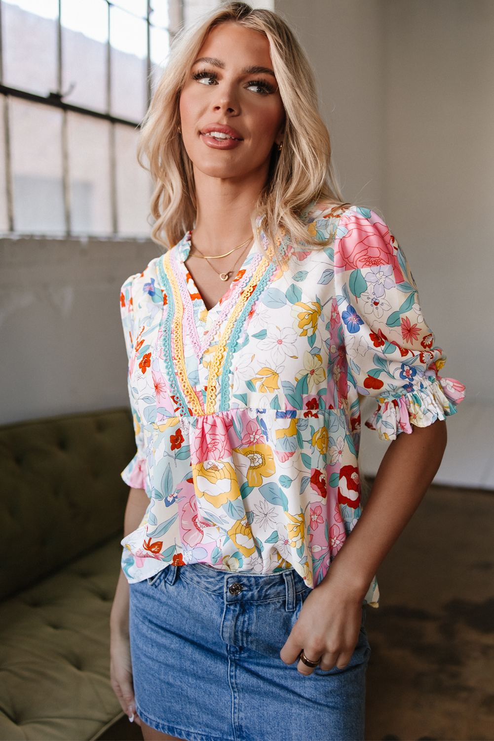 Pink Boho Flower Print Half Puff Sleeve Blouse - loveforevers