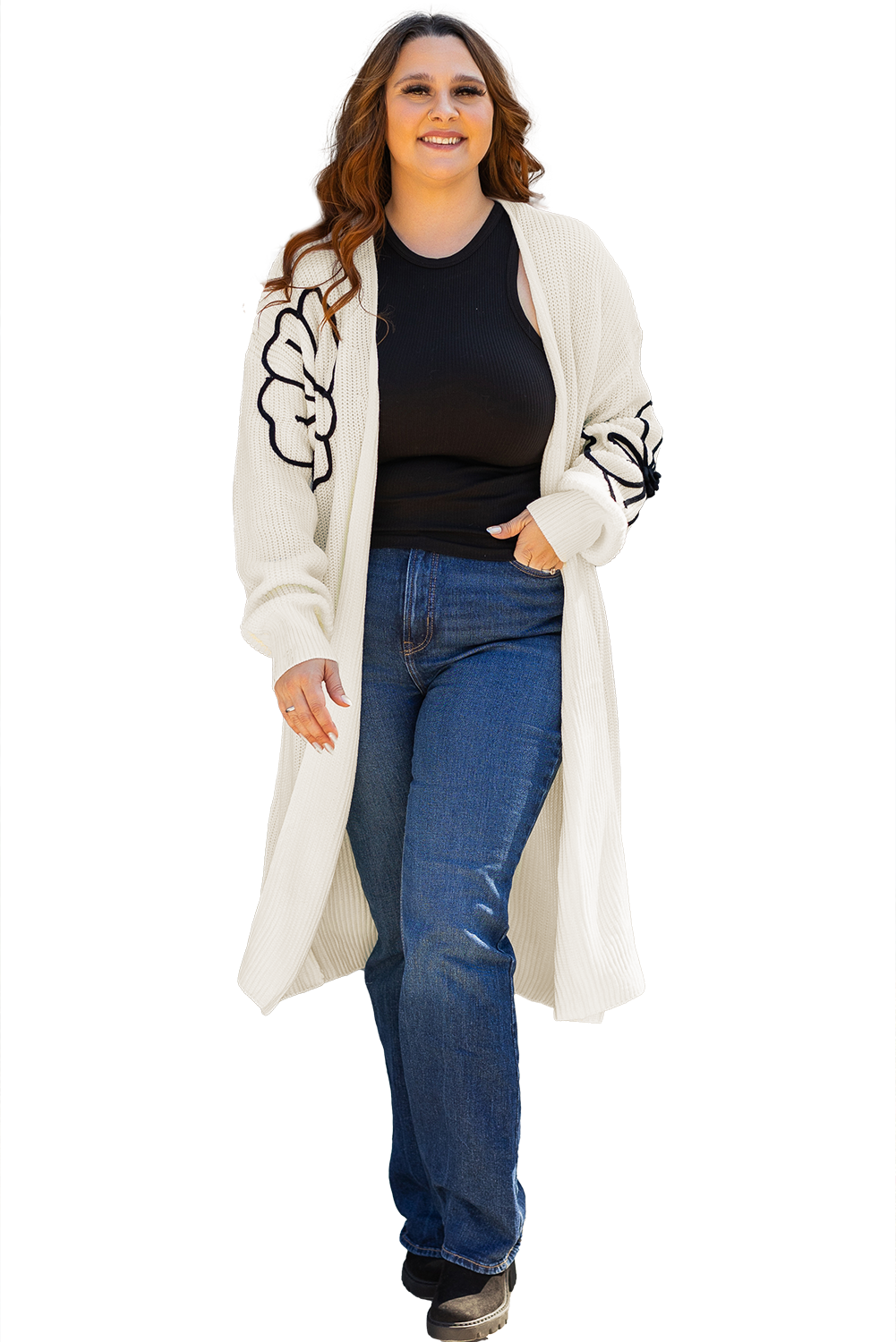 Black Flower Embroidered Drop Shoulder Open Front Duster Cardigan - loveforevers