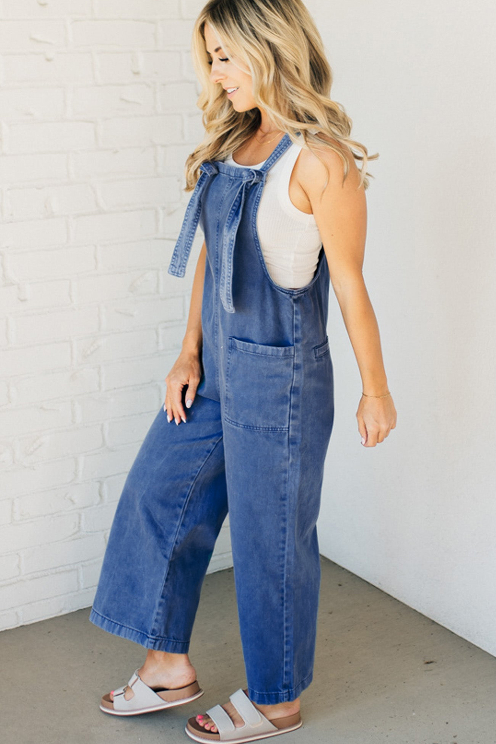 Prussian Blue Mineral Wash Knotted Strap Patched Pocket Wide Leg Denim Overall - loveforevers