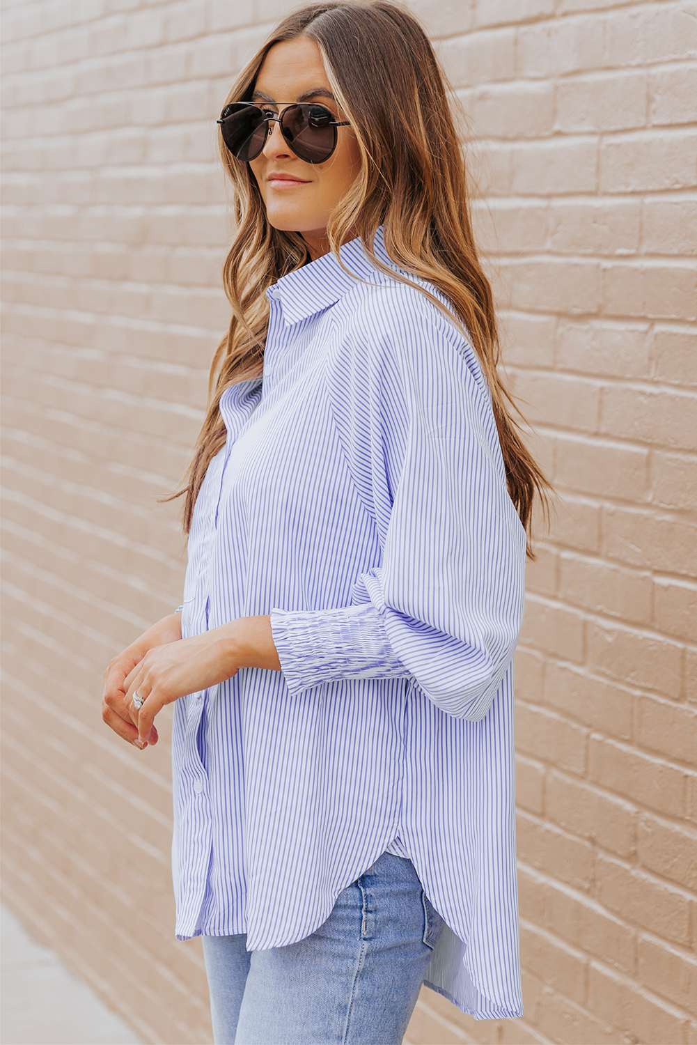 Red Stripe Smocked Cuffed Striped Boyfriend Shirt with Pocket - loveforevers