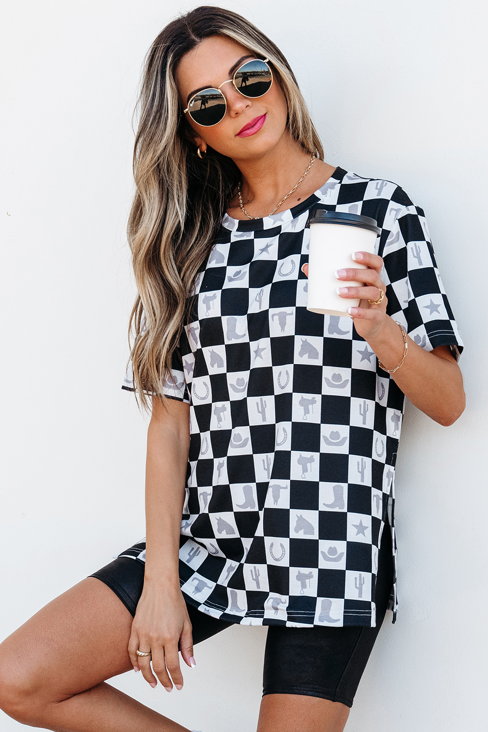 Black Western Fashion Checkerboard Print Side Split T Shirt - loveforevers