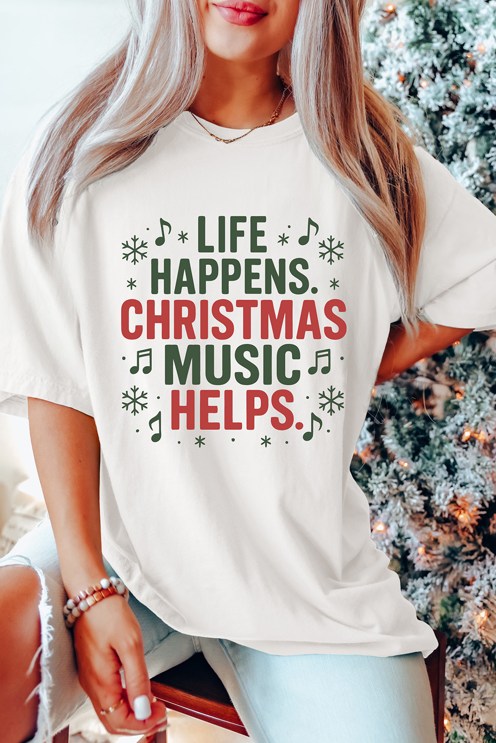 White LIFE HAPPENS CHRISTMAS MUSIC HELPS Graphic Tee - loveforevers