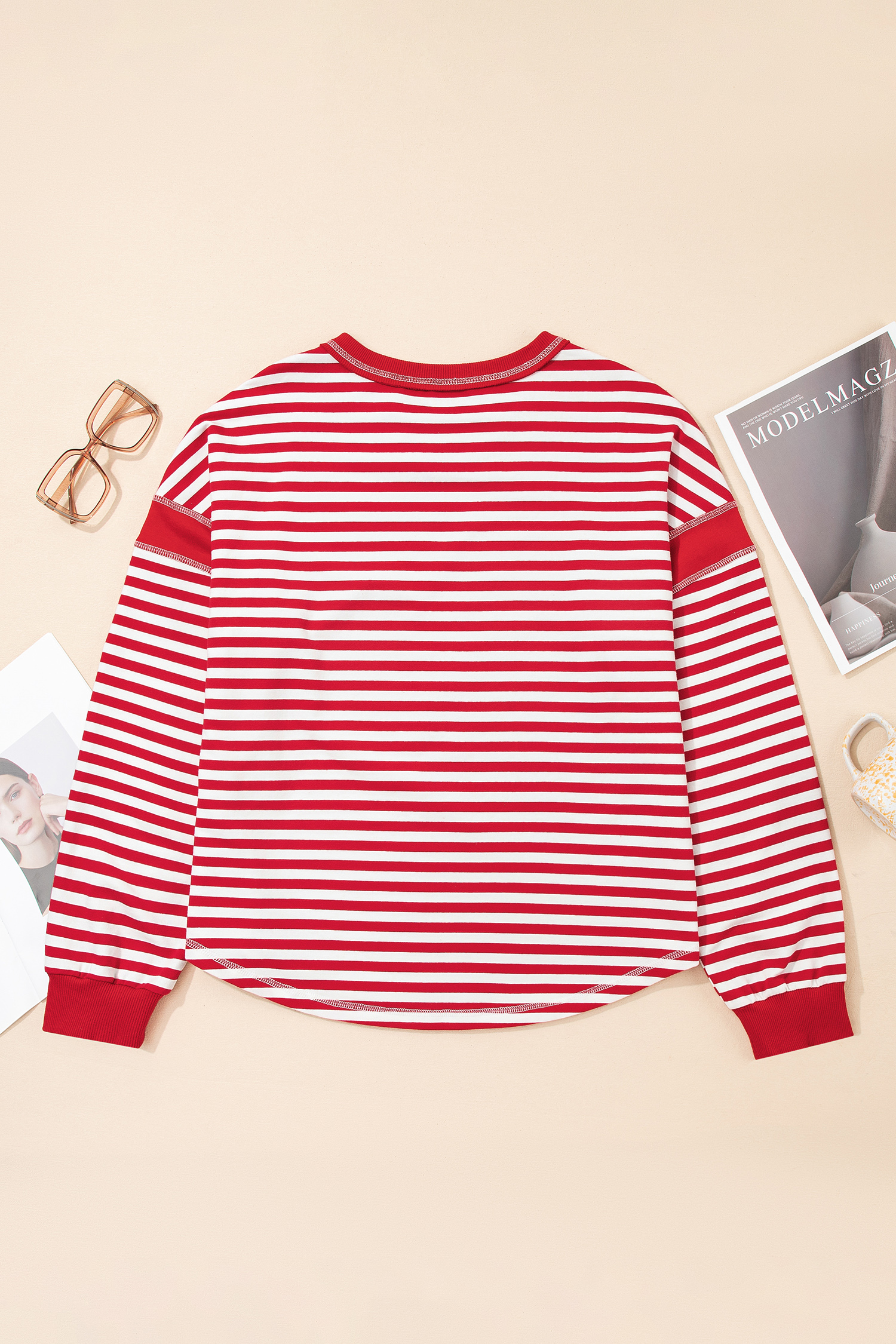 Red Stripe Exposed Seam V Neck Balloon Sleeve Pullover - loveforevers