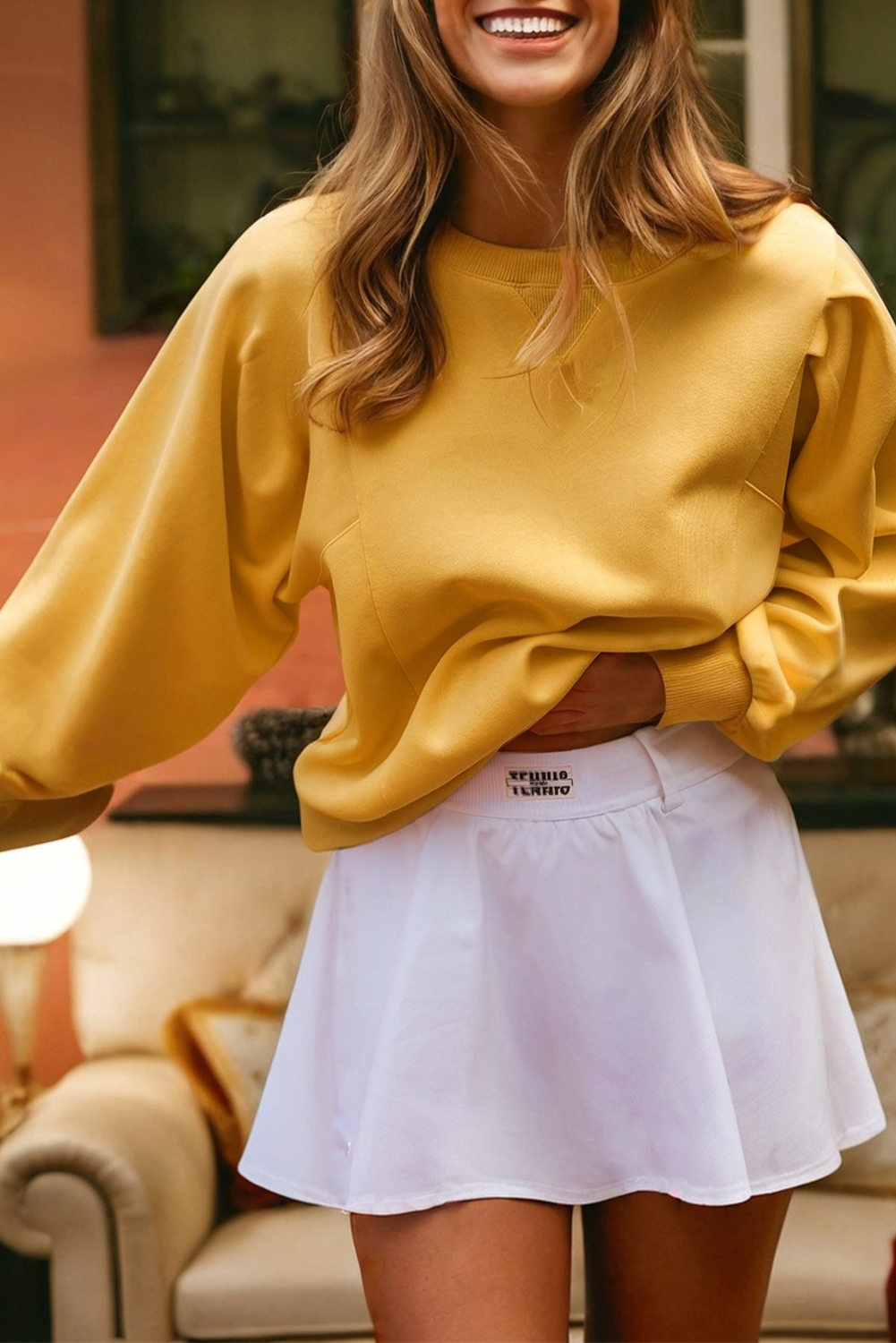 Citrus Pleated Balloon Sleeve Pullover Solid Sweatshirt - loveforevers
