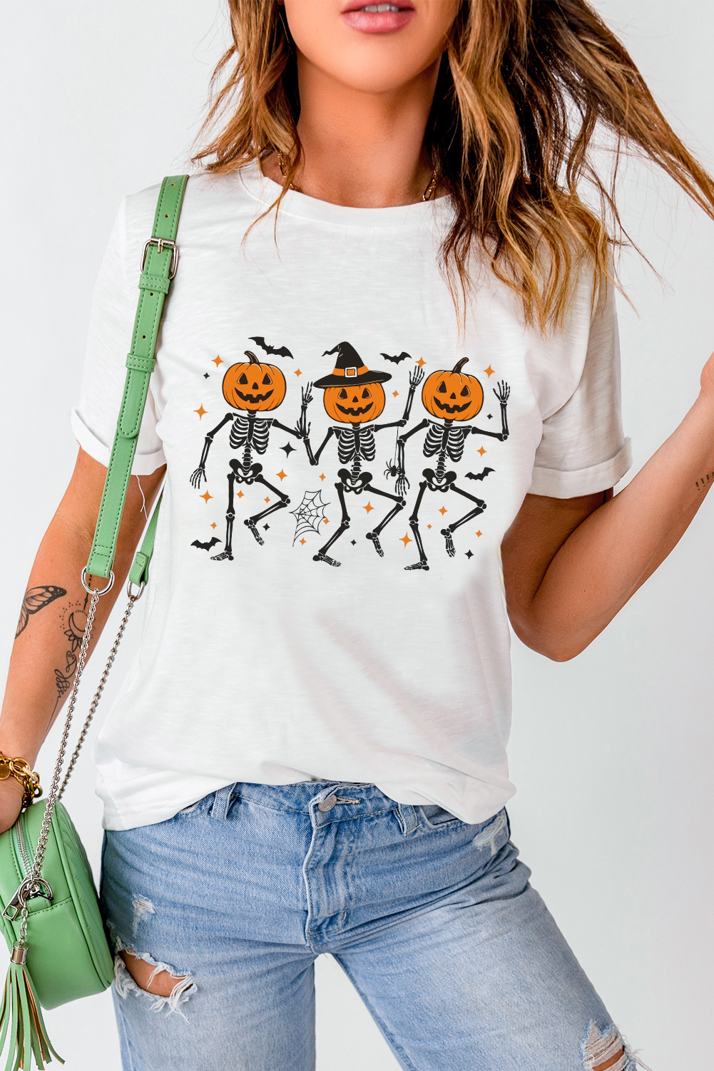 White Halloween Pumpkin Skeleton Graphic Cotton Blend Tee - loveforevers