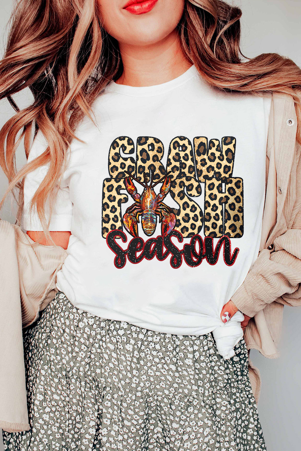 White Crawfish Season Leopard Letter Graphic Tee - loveforevers