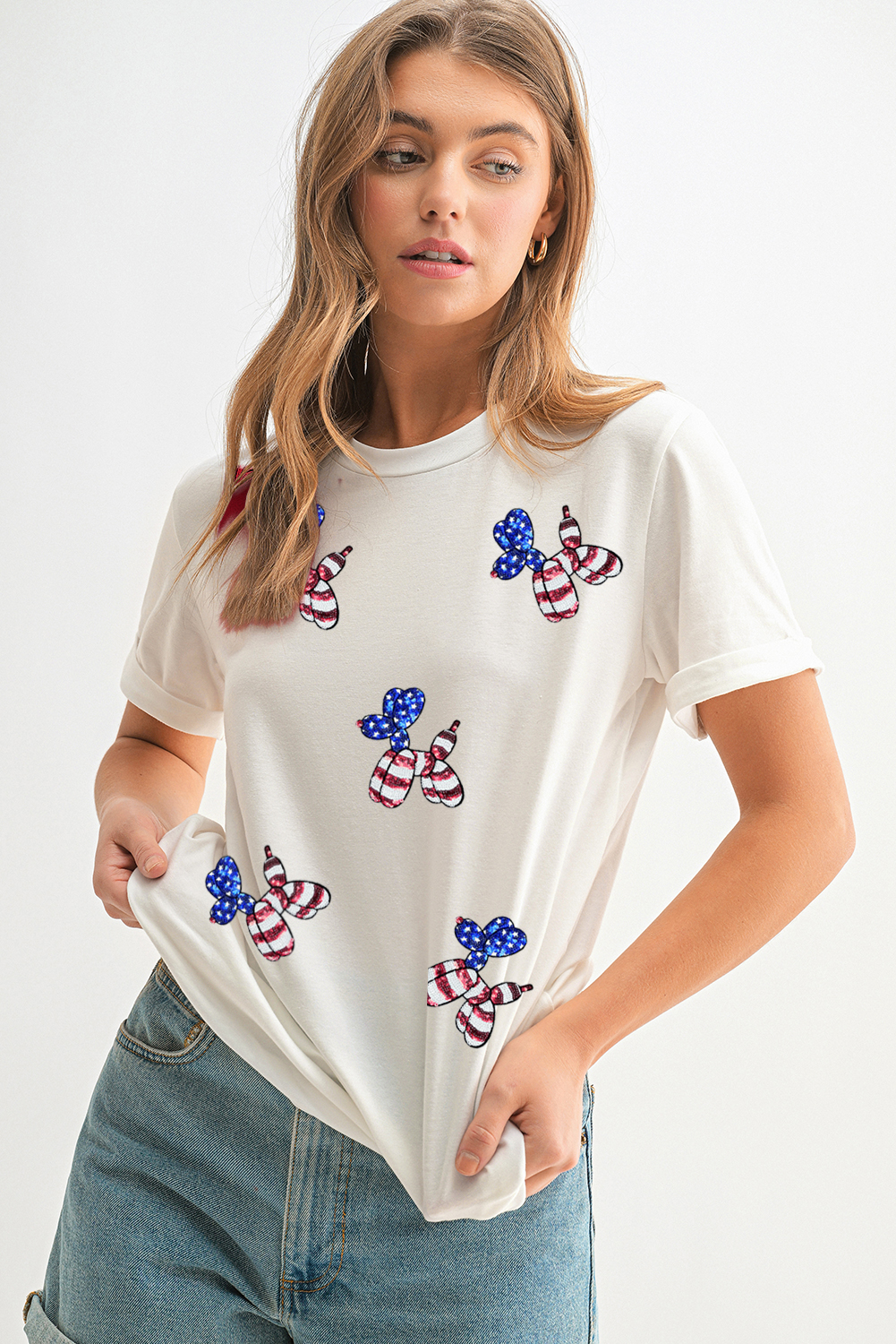 White Sequin Stars and Stripes Balloon Puppy Graphic Crewneck Tee - loveforevers