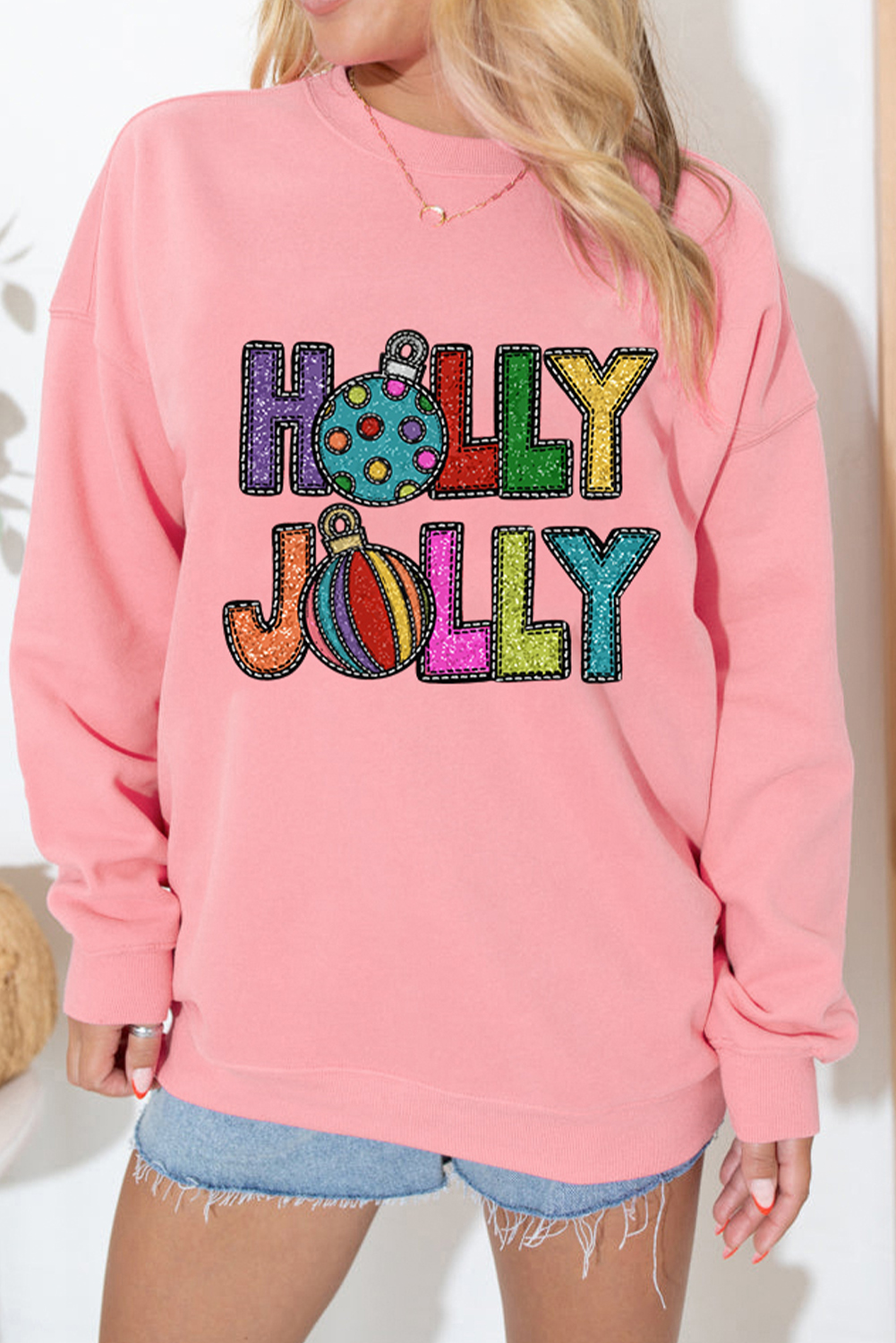Pink HOLLY JOLLY Christmas Festive Letter Graphic Sweatshirt - loveforevers