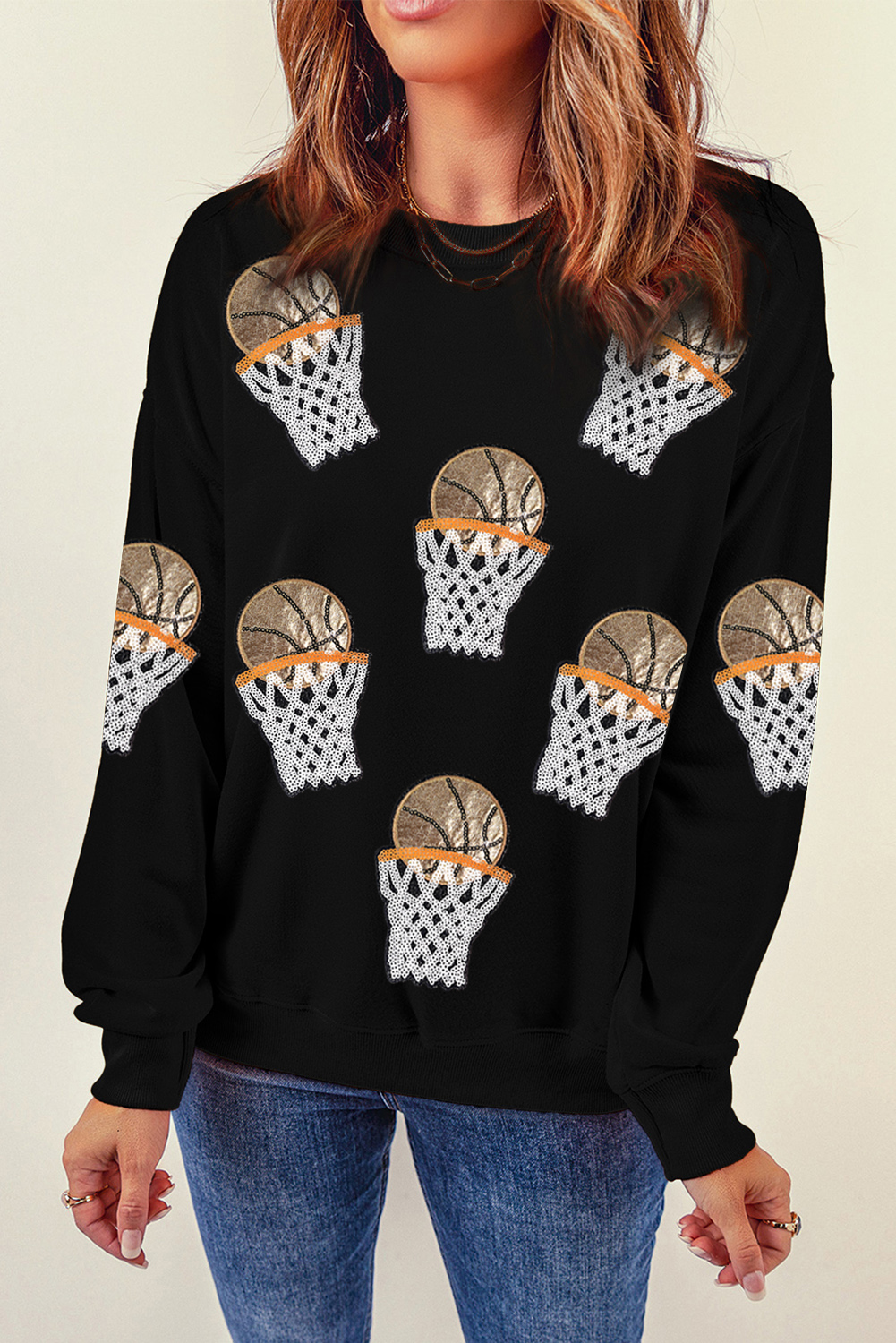 Black Sequin Basketball Patched Graphic Game Day T Shirt - loveforevers